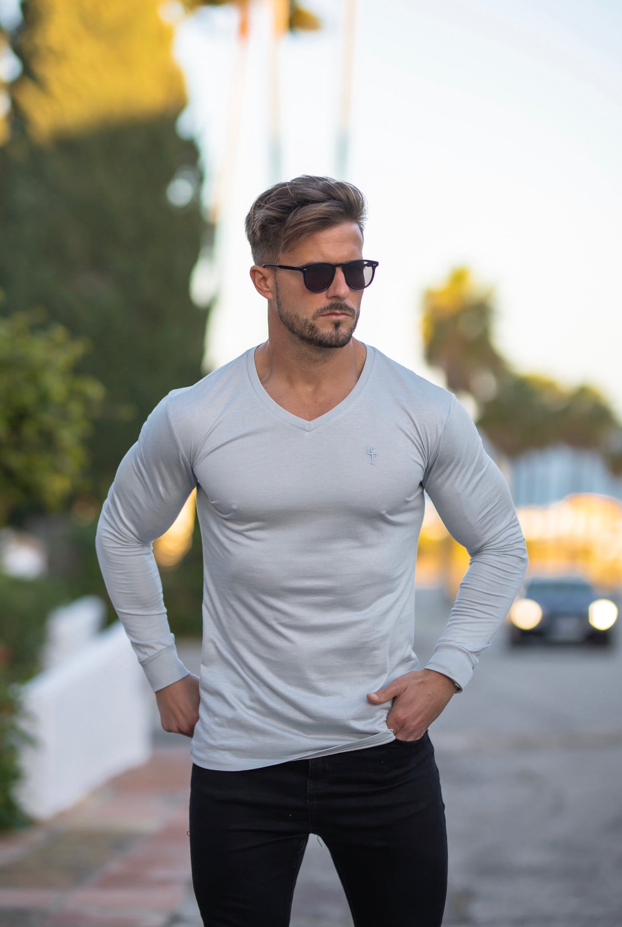 Light Grey Bamboo V Neck Crew Long Sleeve - FSH588
