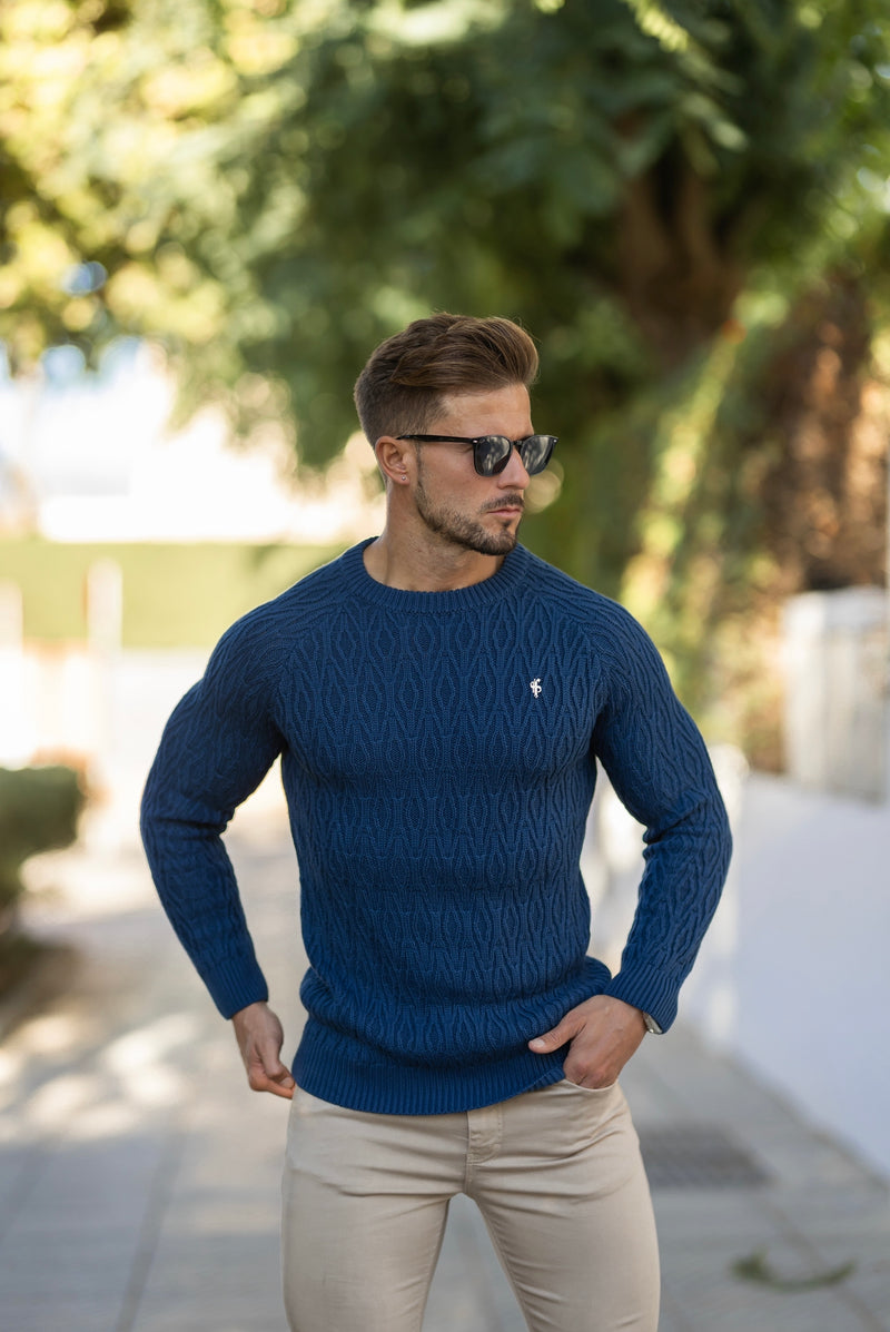 Father Sons Air Force Blue Knitted Elongated Diamond Crew Super Slim Raglan Sweater With Metal Decal - FSN046