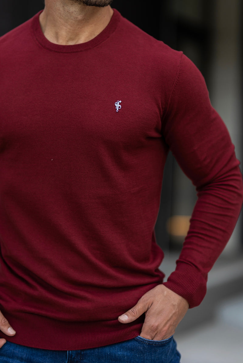 Father Sons Classic Burgundy Light Weight Knitted Crew Neck Sweater with Metal Decal - FSN097