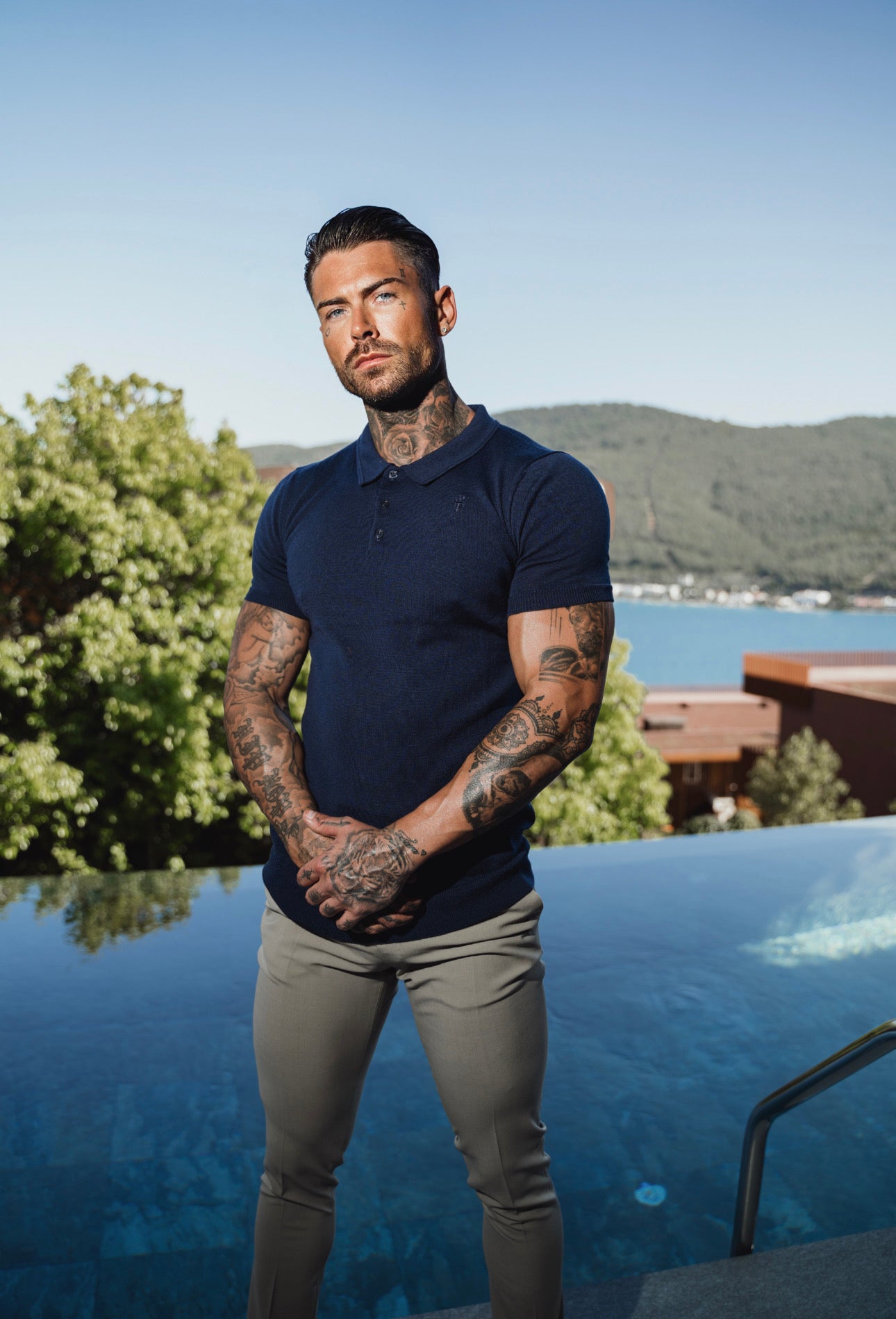 Classic Navy Merino Wool Knitted Polo Jumper Short Sleeve With FS Embroidery- FSN026