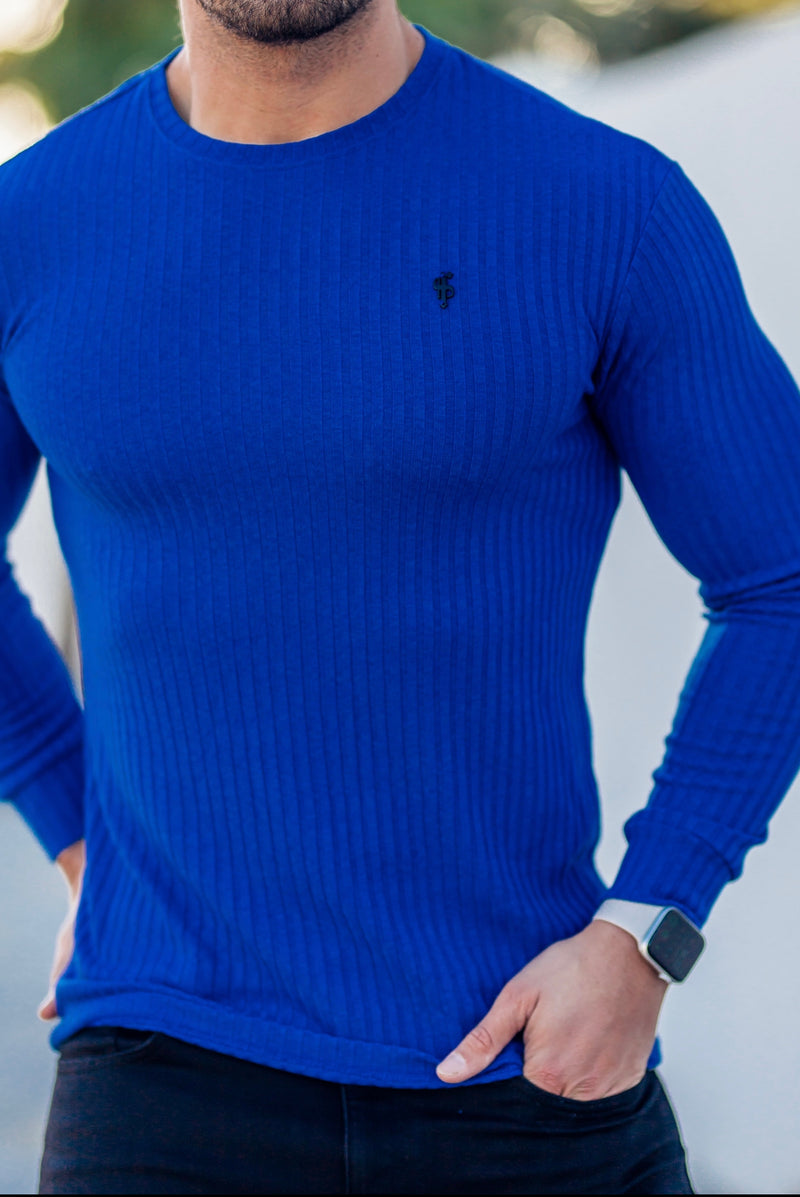 Father Sons Classic Royal Blue Ribbed Knit Sweater With Black Metal Emblem - FSH596