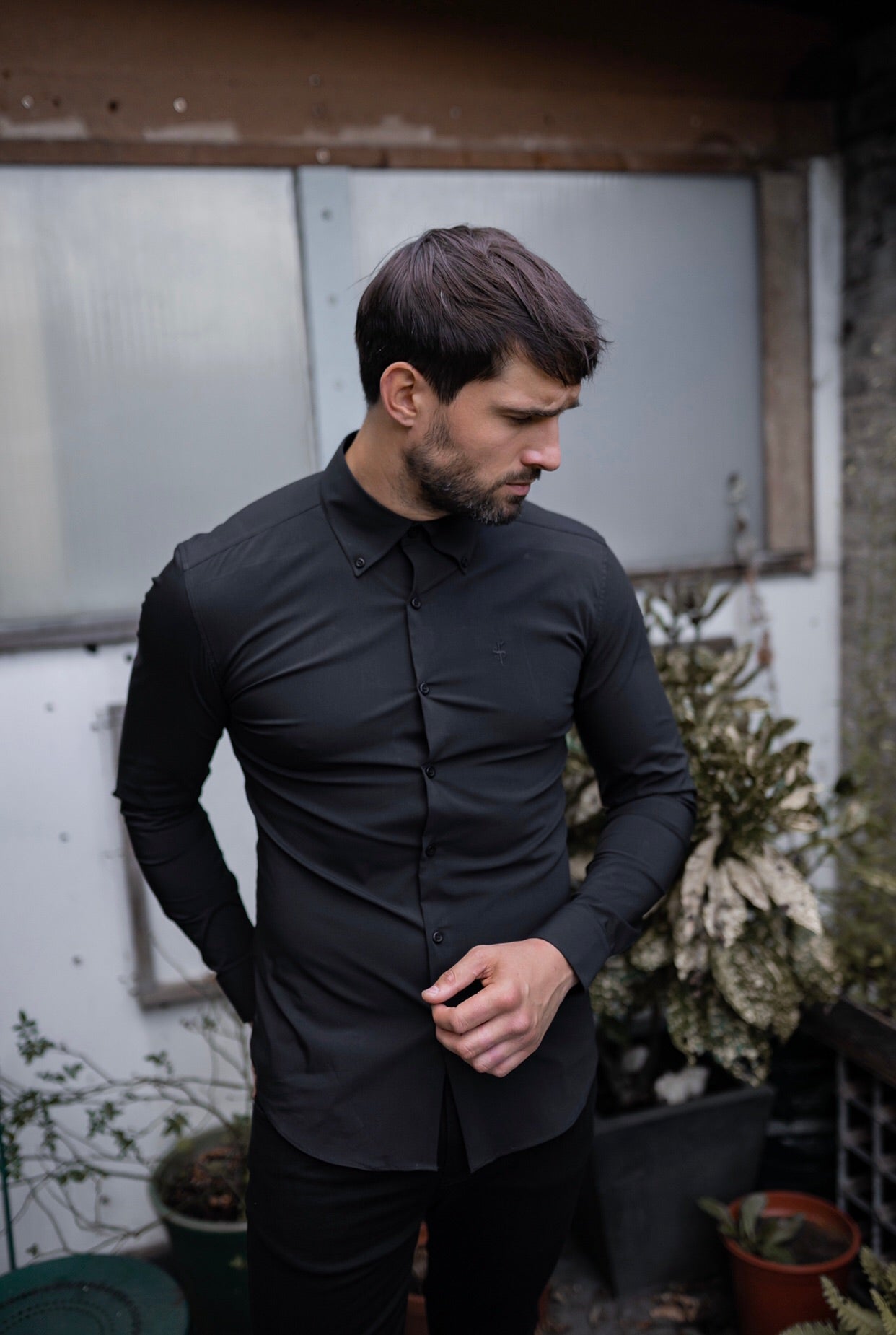 Black Regular Stretch Shirt with Button Down Collar and Black Embroidery - FS590(LAST CHANCE)
