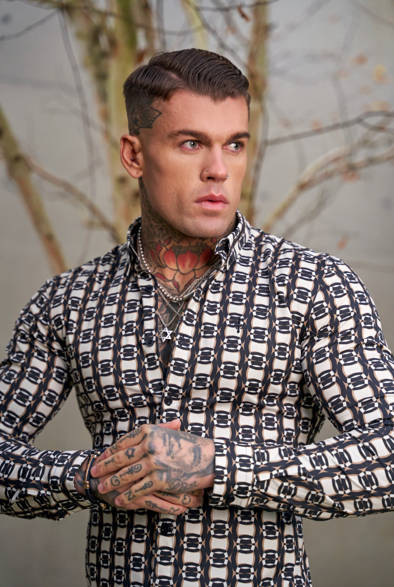 Father Sons Super Slim Stretch Black / Cream / Taupe Link Print Long Sleeve with Button Down Collar - FS848