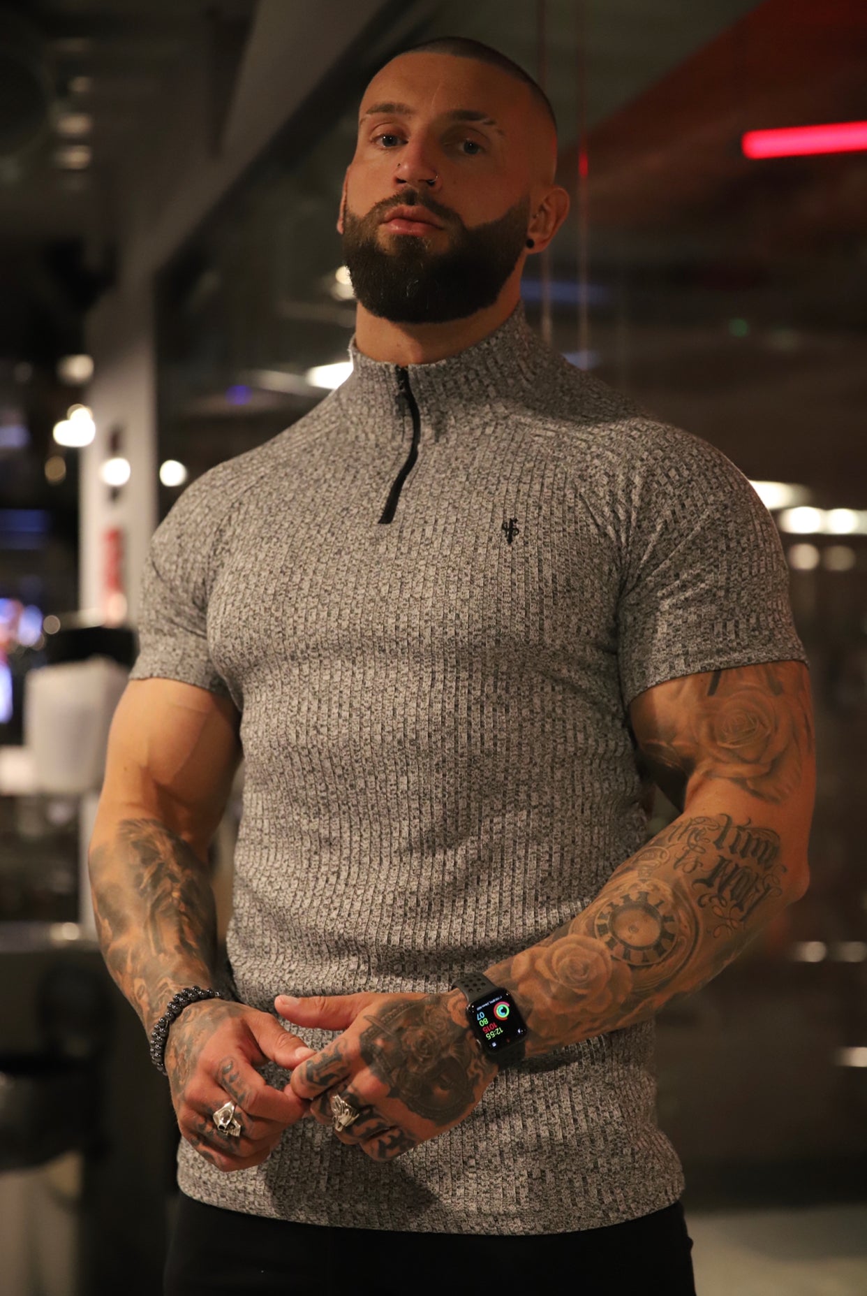 Classic Grey Ribbed Zip Funnel Neck Raglan Short Sleeve Crew - FSH730