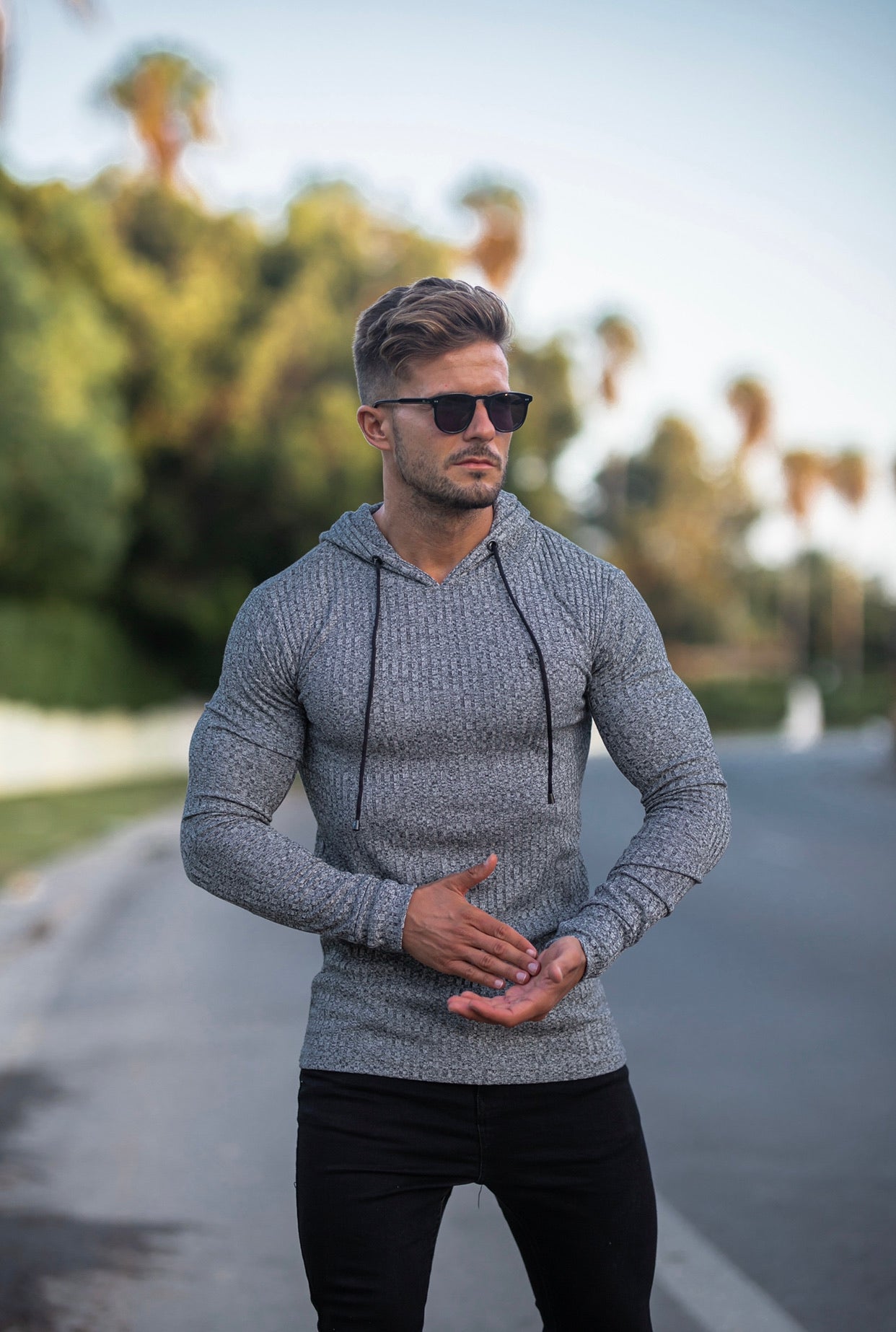 Classic Grey / Black Ribbed Knit Hoodie Jumper - FSH509