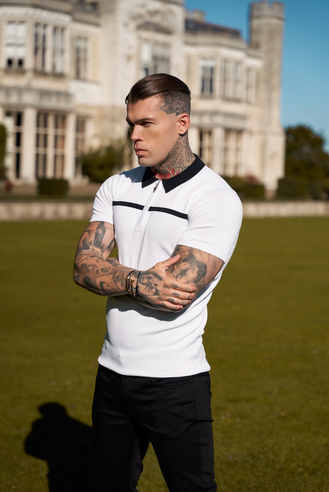 Classic White / Black Horizontal Stripe Zipped Polo Short Sleeve - FSN043