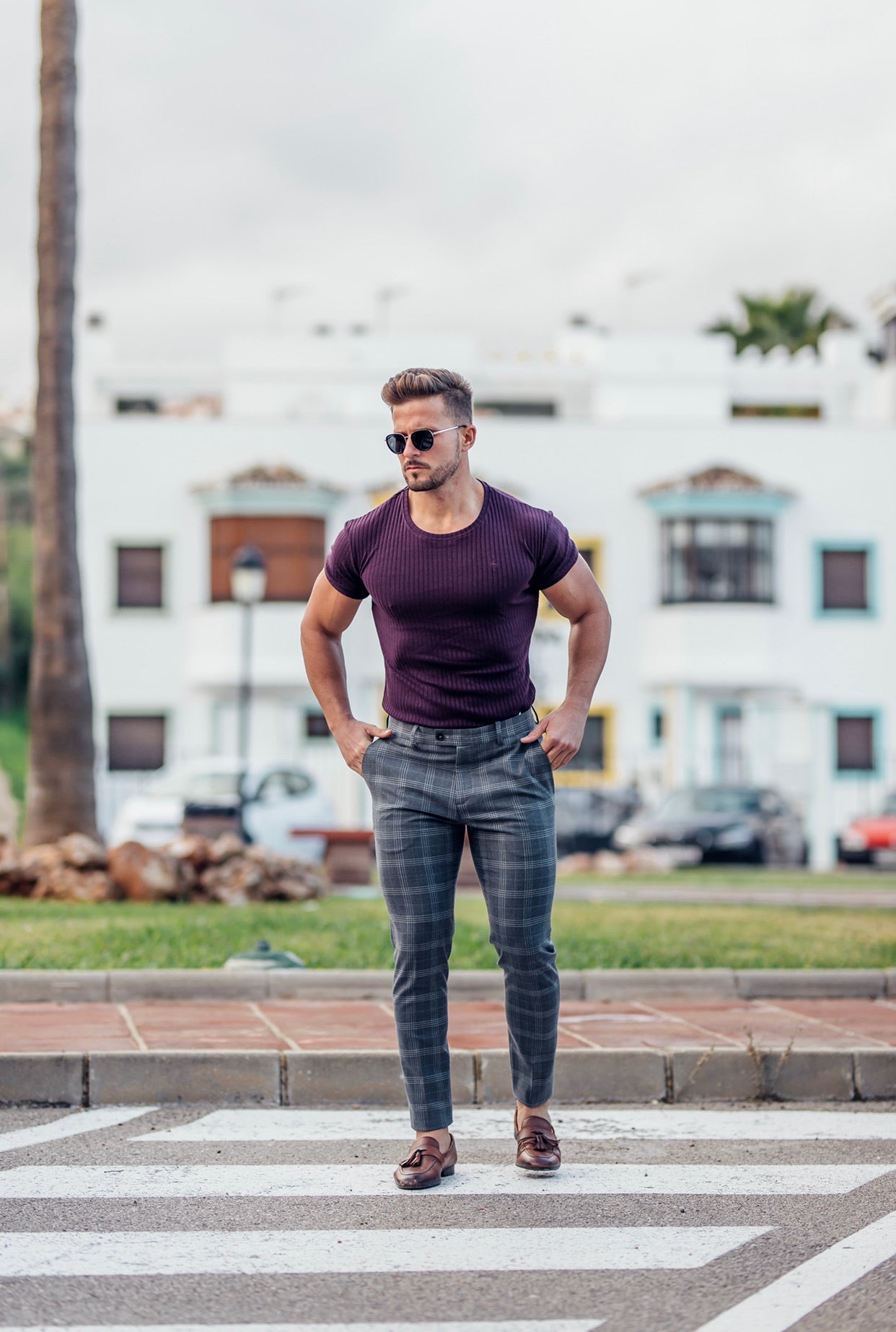 Classic Plum Ribbed Knit Super Slim Short Sleeve Crew - FSH616