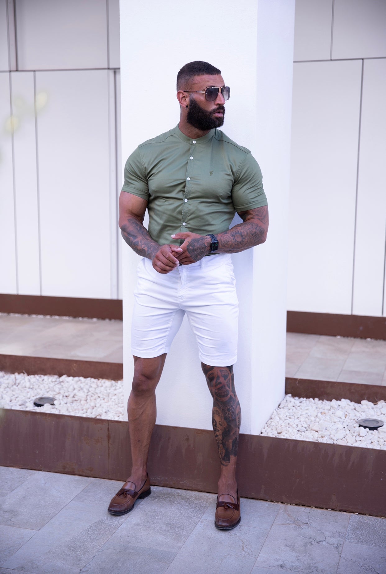Super Slim Luxe Ultra Stretch Khaki Short Sleeve with Grandad Collar -  FS781