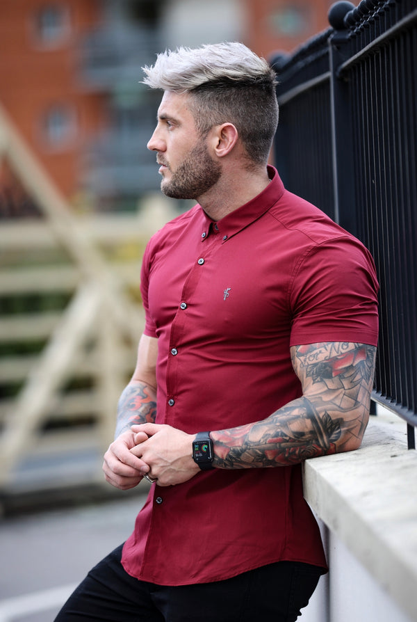 Father Sons Super Slim Stretch Classic Ox Blood Short Sleeve With Button Down Collar -  FS820