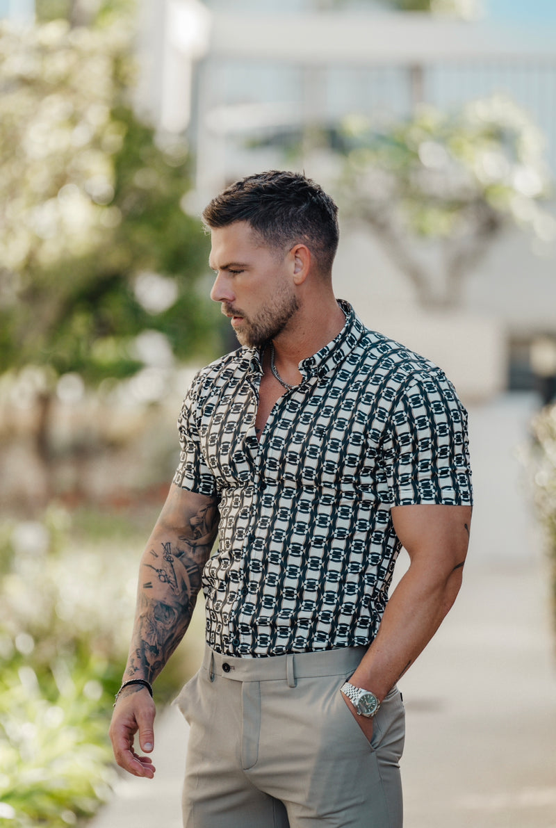 Father Sons Super Slim Stretch Black / Cream / Taupe Link Print Short Sleeve with Button Down Collar - FS849