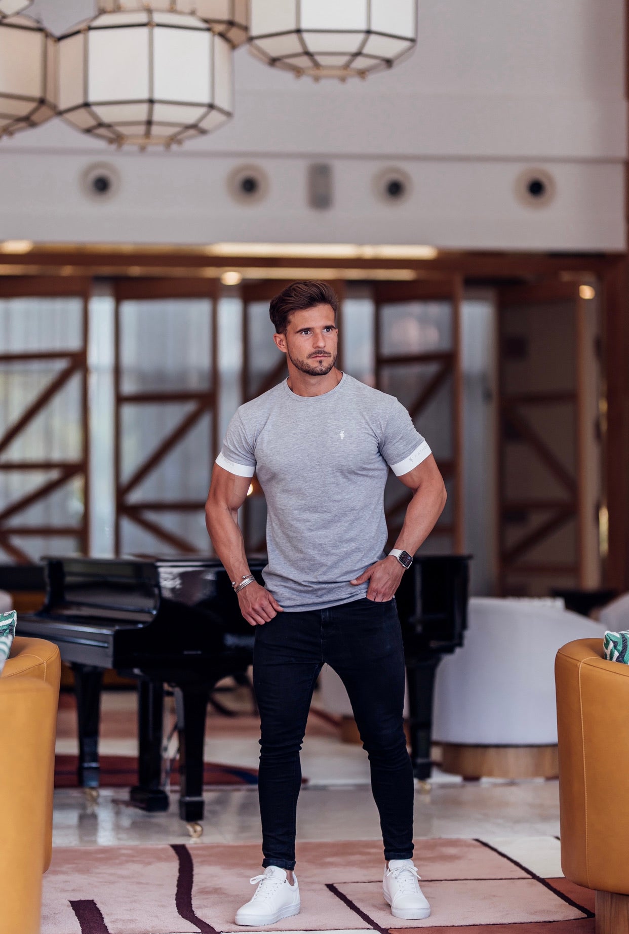 Classic Light Grey Crew T Shirt with FS Elastic Sleeve Branding - FSH624