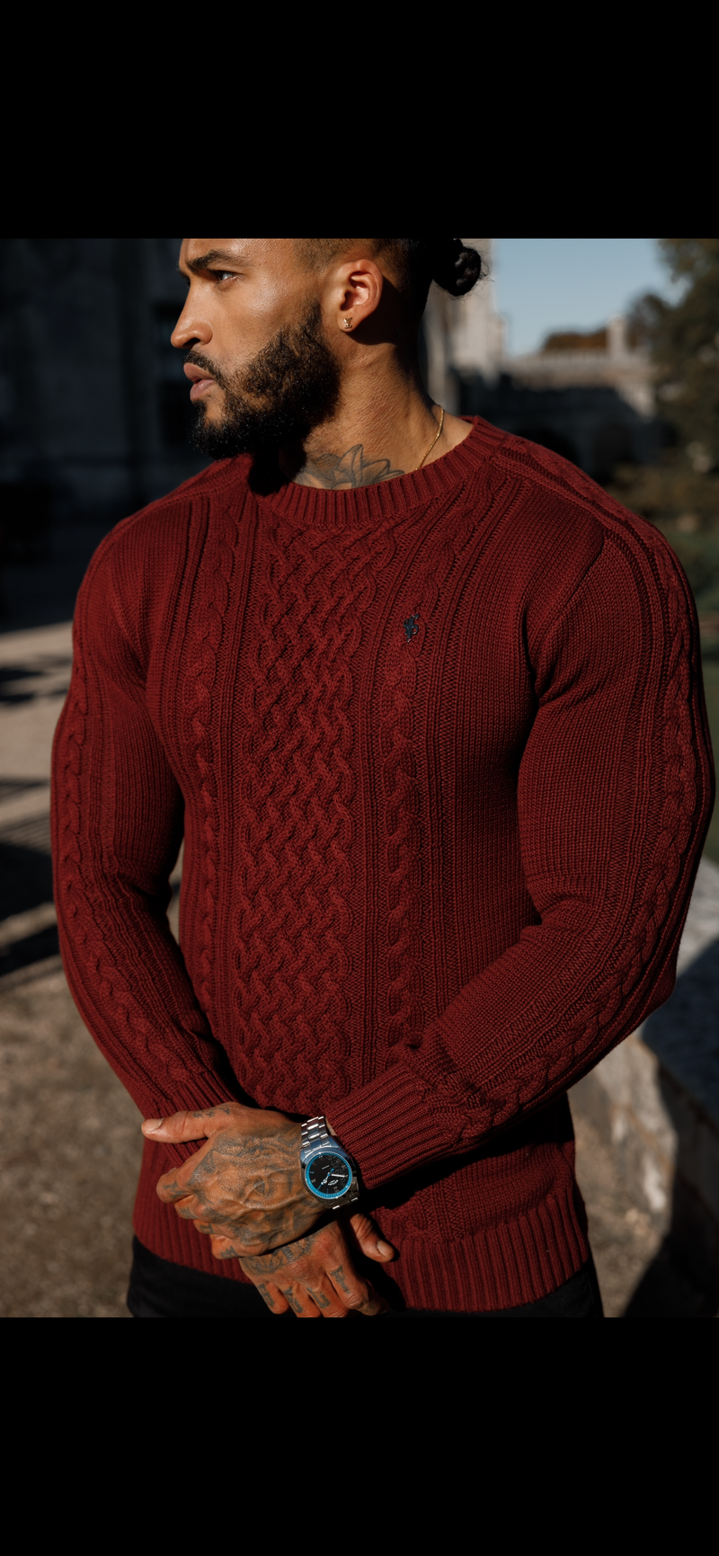 Father Sons Burgundy Knitted Cable Saddle Crew Super Slim Sweater With Metal Decal - FSN079