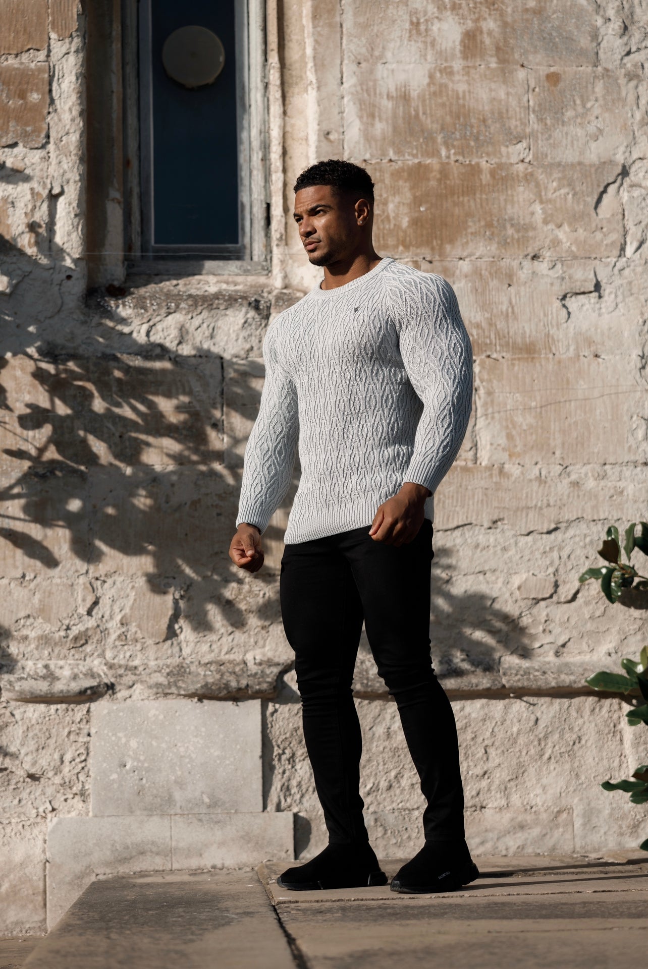 Father Sons Silver Grey Knitted Elongated Diamond Crew Super Slim Raglan Sweater With Metal Decal - FSN053
