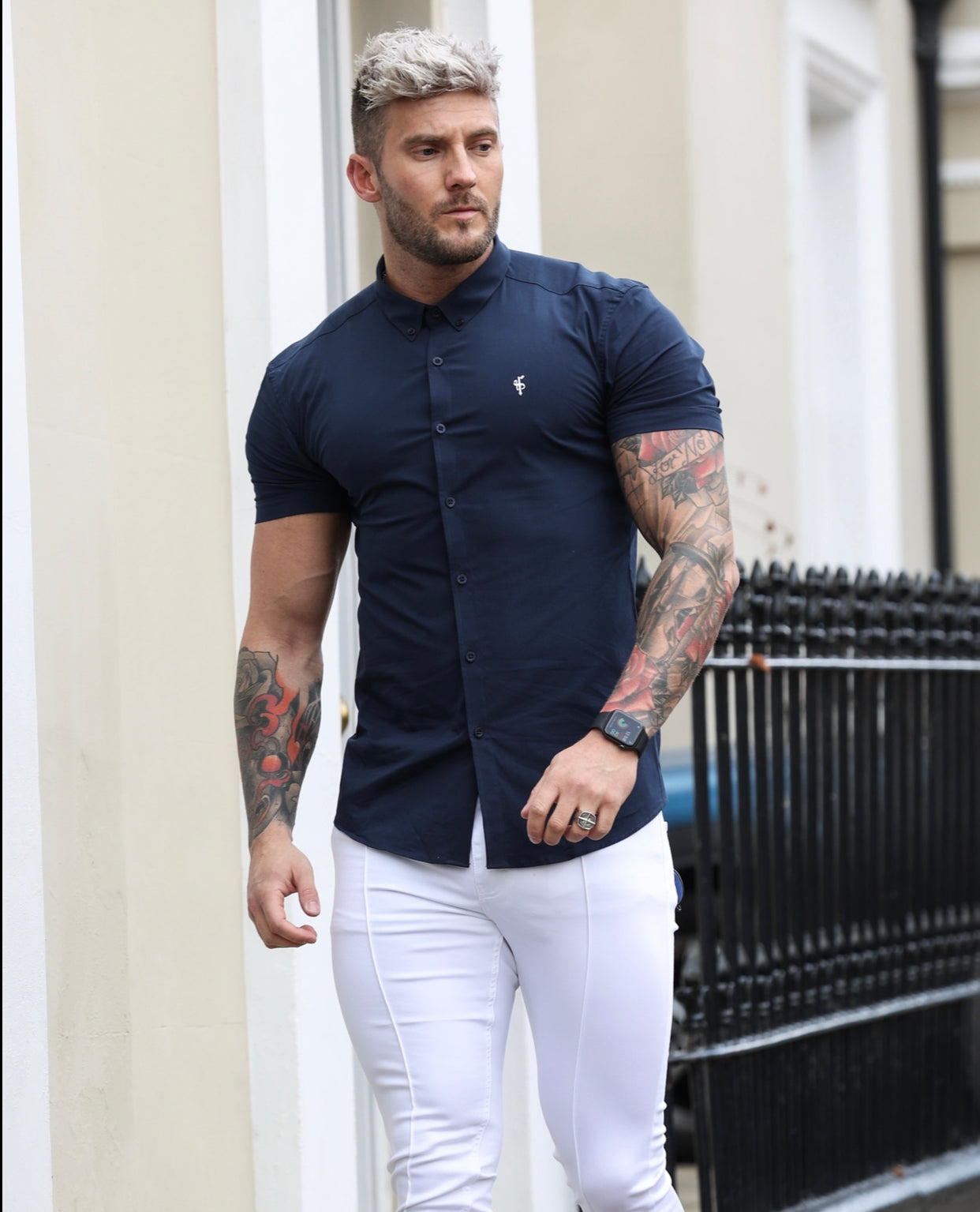 Super Slim Stretch Classic Navy Short Sleeve With Button Down Collar -  FS816