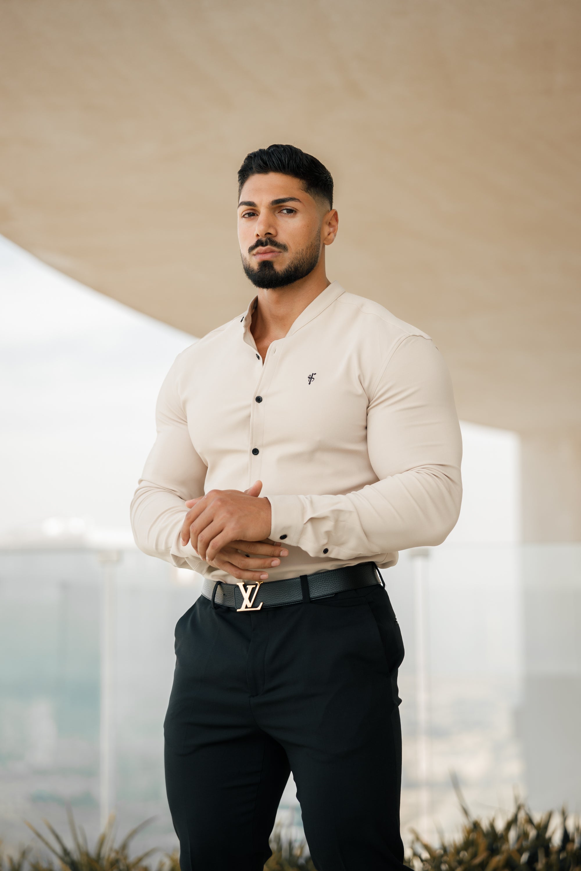 Super Slim Scuba Beige Long Sleeve Stretch with Grandad Collar - FS941