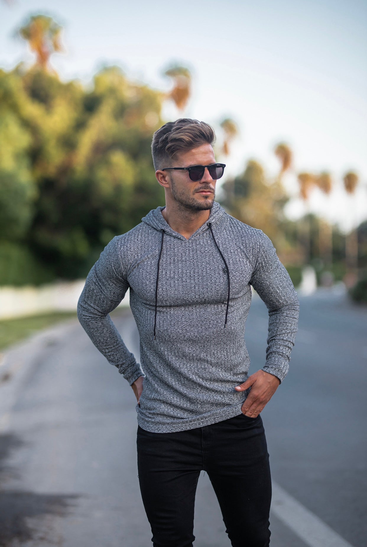 Classic Grey / Black Ribbed Knit Hoodie Jumper - FSH509
