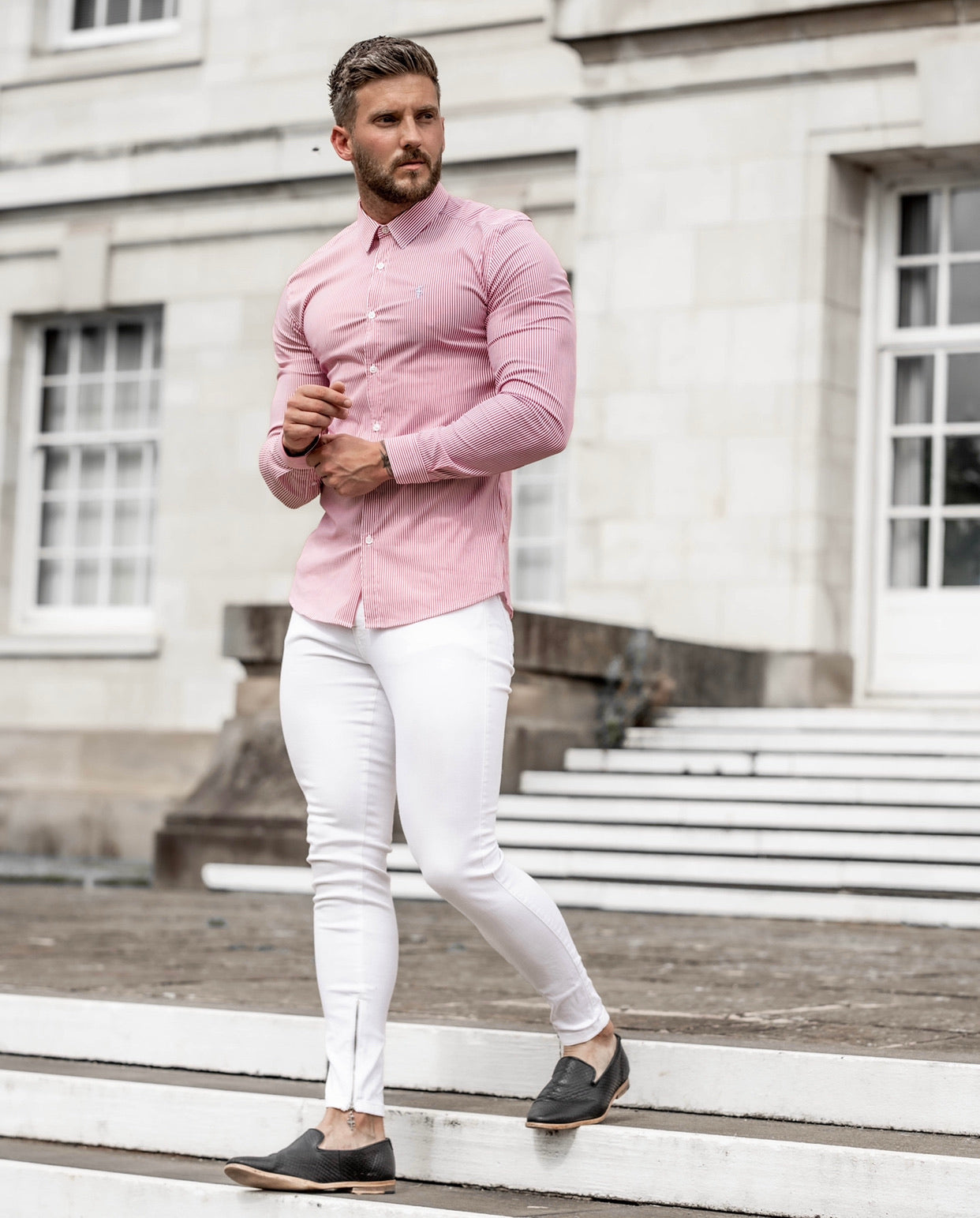 Super Slim Stretch Narrow Red & White Stripe (Blue Emblem)  -  FS682