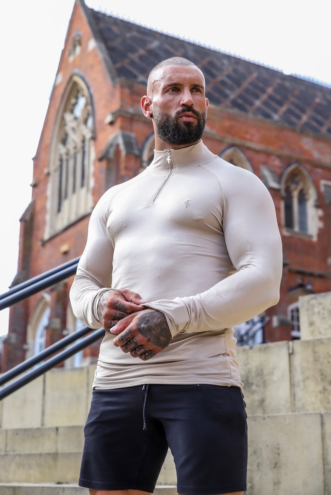 Long Sleeve Beige Half Zip Gym Top - FSH749