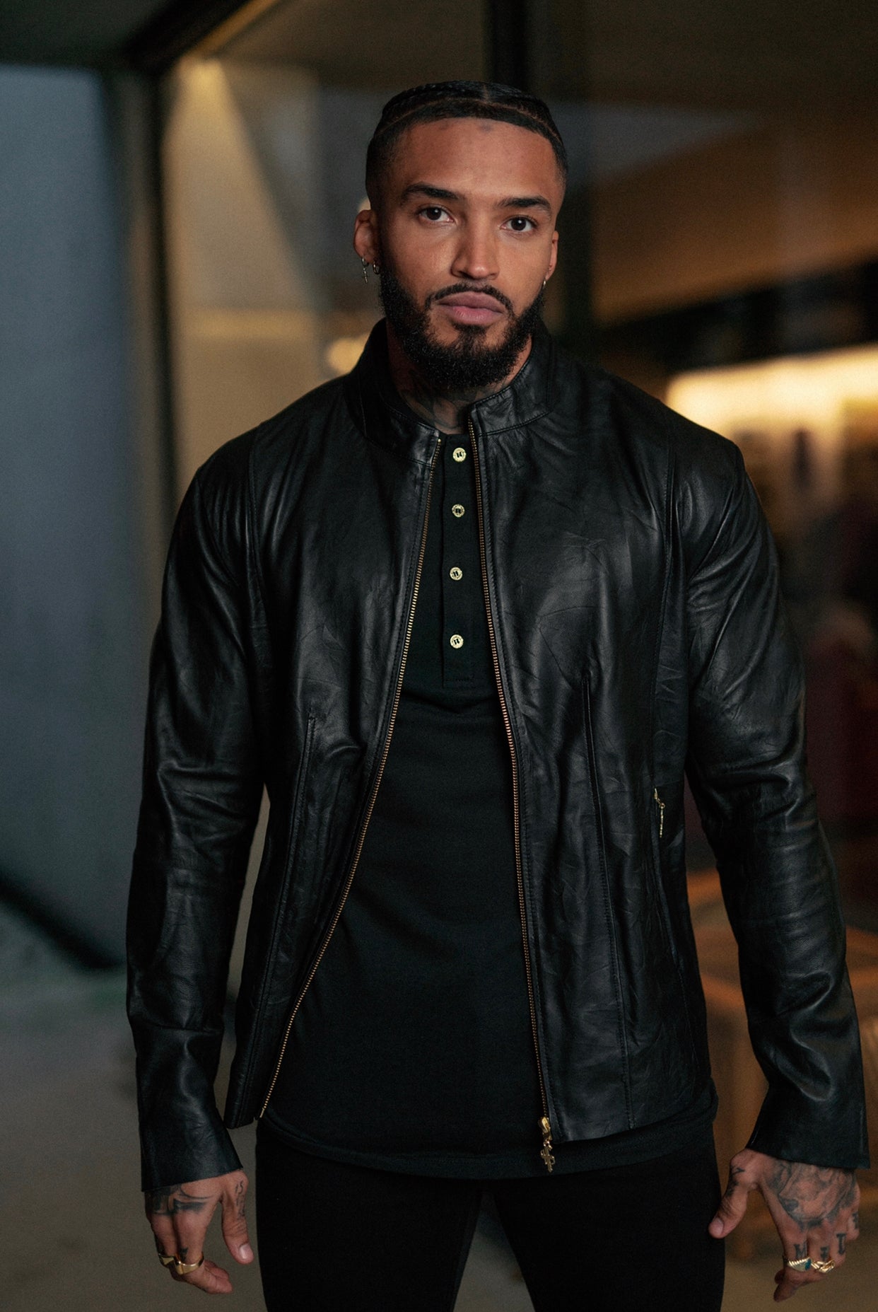 Black Lambs Leather Jacket With Gold Zips - FSH610