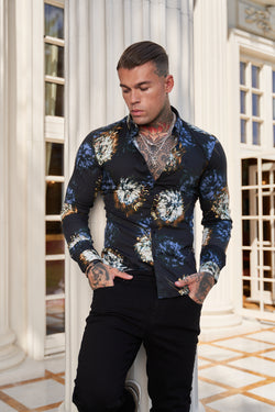 Father Sons Super Slim Stretch Black Base Blurred Flower Print Long Sleeve with Button Down Collar - FS800