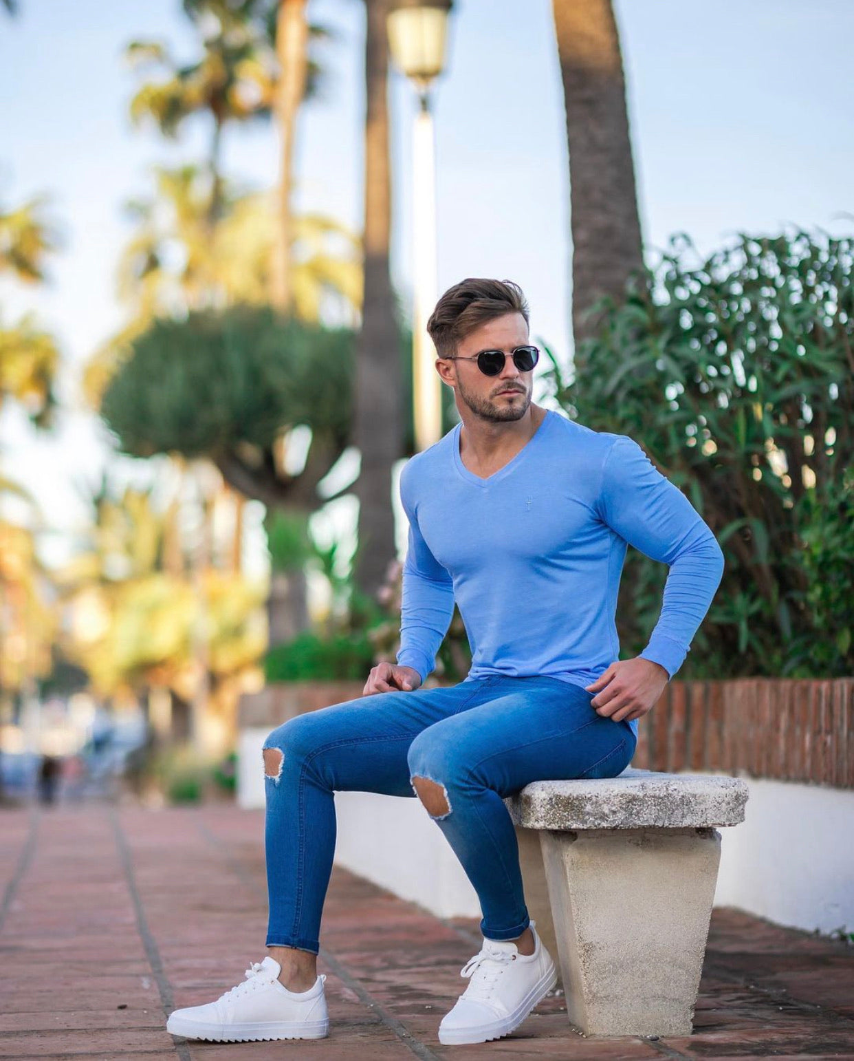 Light Blue Bamboo V Neck Crew Long Sleeve - FSH587
