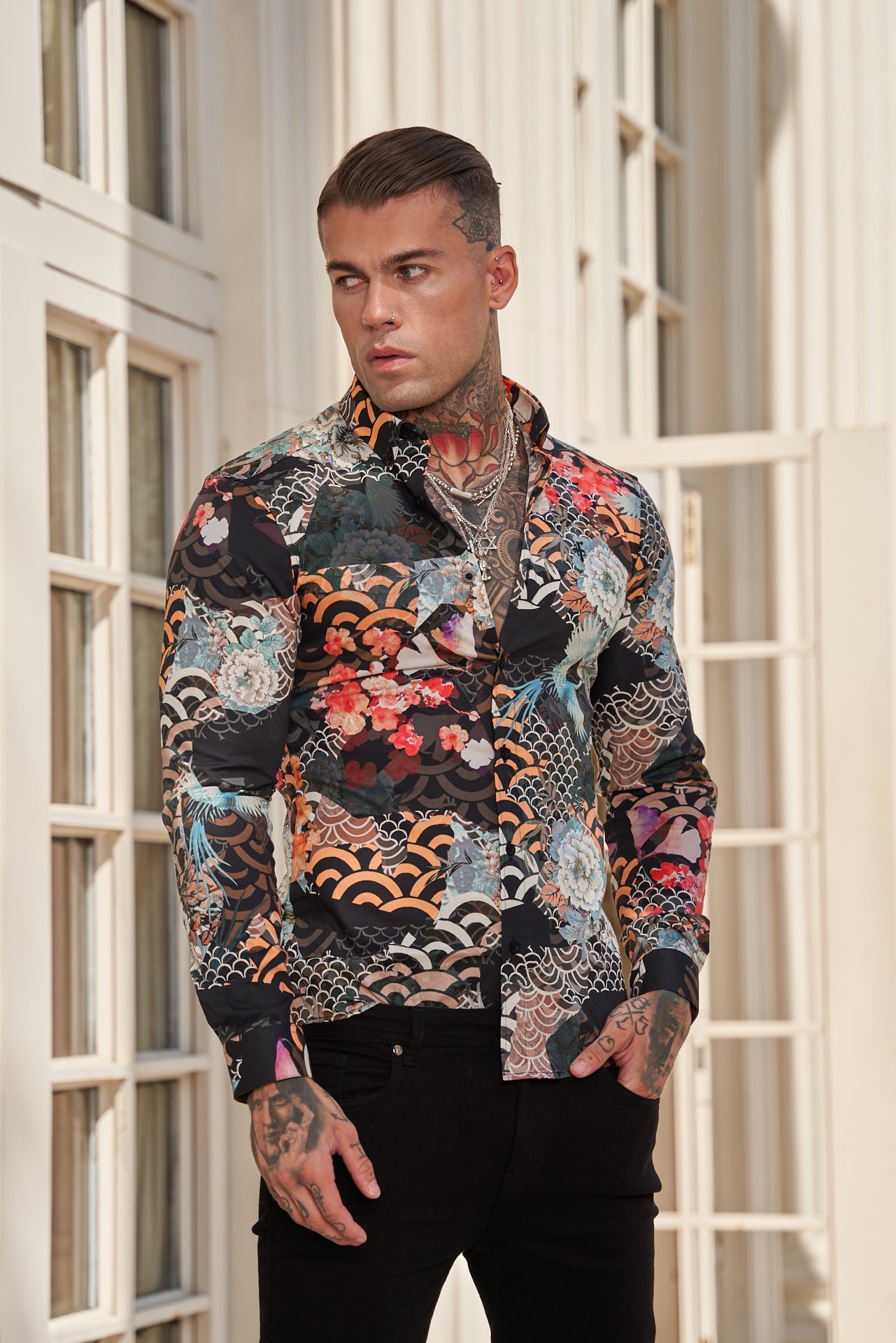Super Slim Stretch Multi Oriental Print Long Sleeve with Button Down Collar - FS771