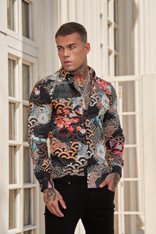 Father Sons Super Slim Stretch Multi Oriental Print Long Sleeve with Button Down Collar - FS771