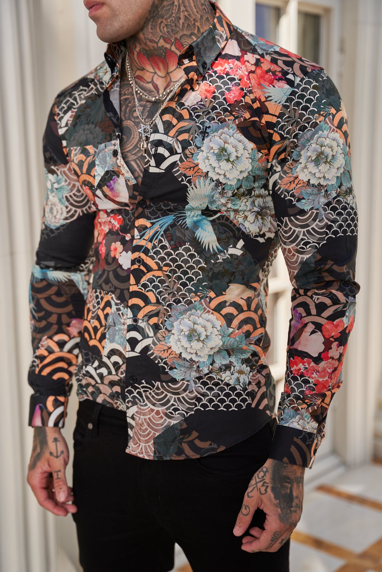 Super Slim Stretch Multi Oriental Print Long Sleeve with Button Down Collar - FS771