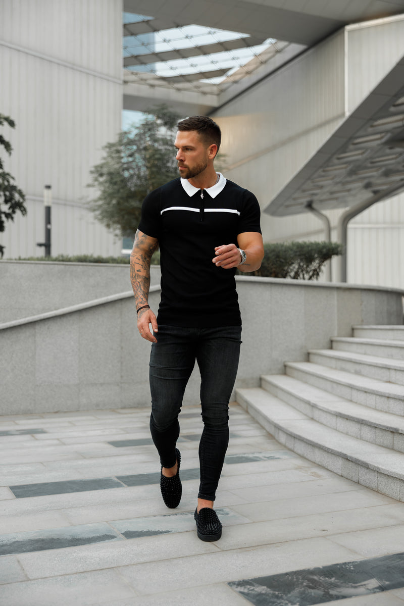 Father Sons Classic Black / White Horizontal Stripe Zipped Polo Short Sleeve - FSN038