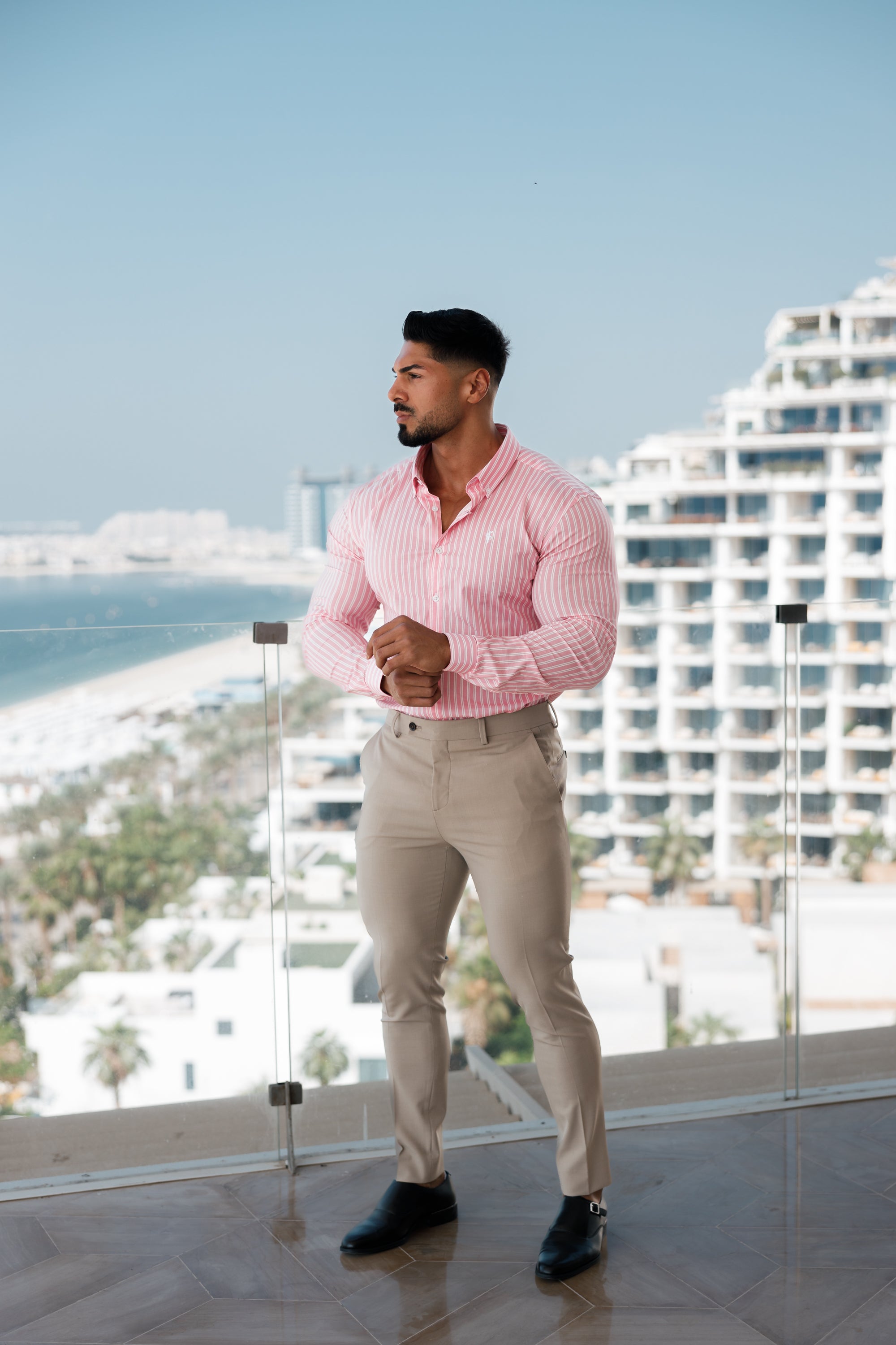 Super Slim Stretch White / Pink Stripe Print Long Sleeve with Button Down Collar - FS888