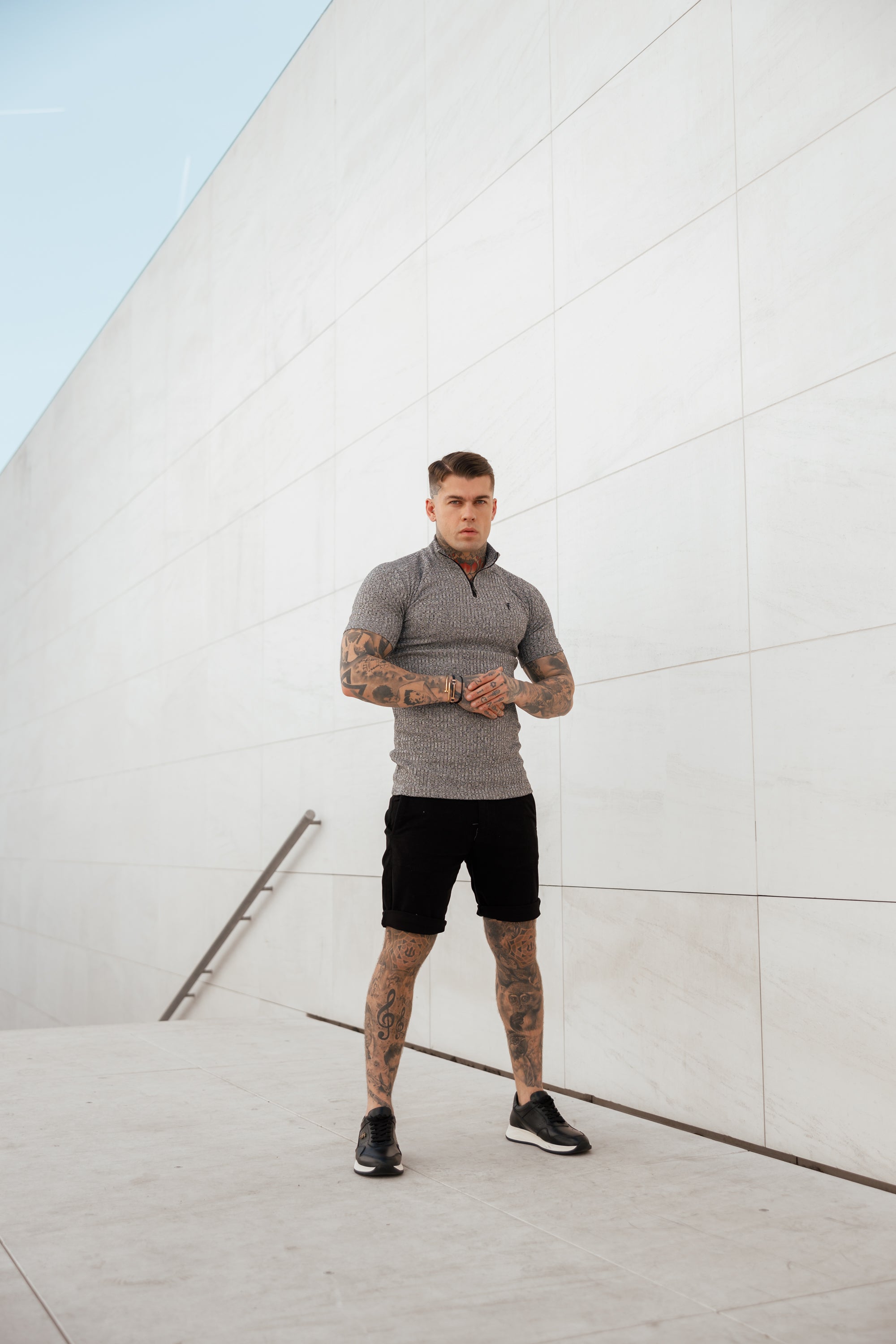 Classic Grey Ribbed Zip Funnel Neck Raglan Short Sleeve Crew - FSH730
