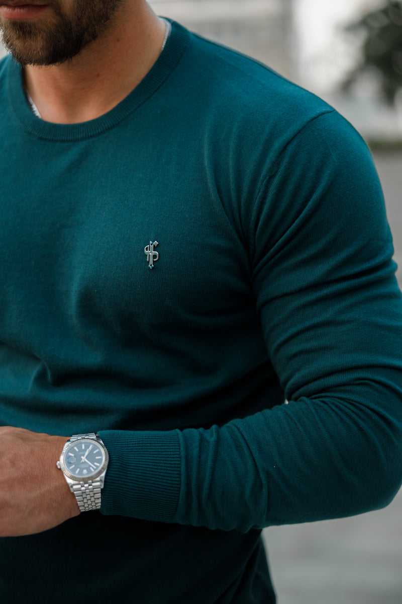 Father Sons Classic Forest Green Light Weight Knitted Crew Neck Sweater with Metal Decal - FSN095