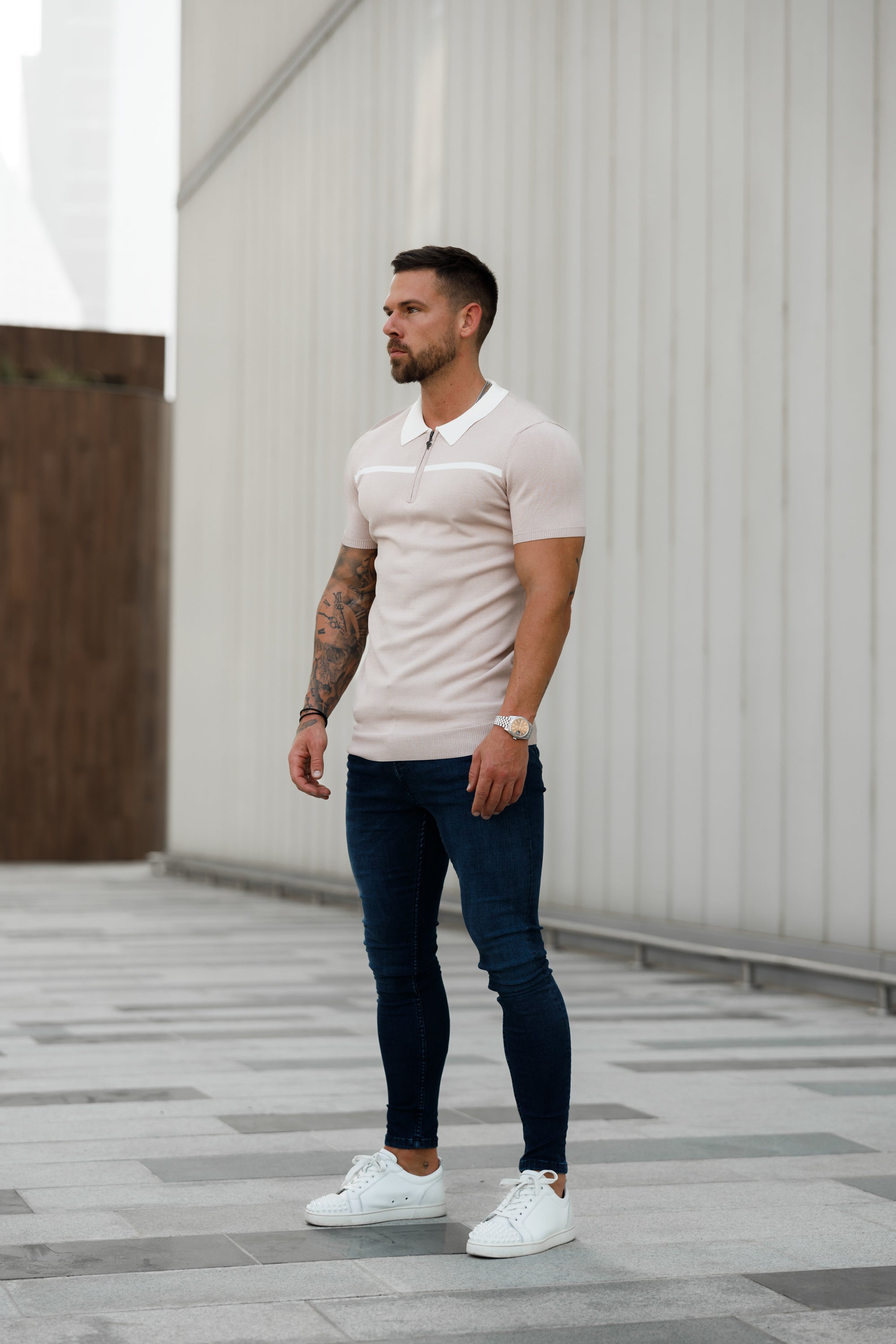 Classic Beige / White Horizontal Stripe Zipped Polo Short Sleeve - FSN041