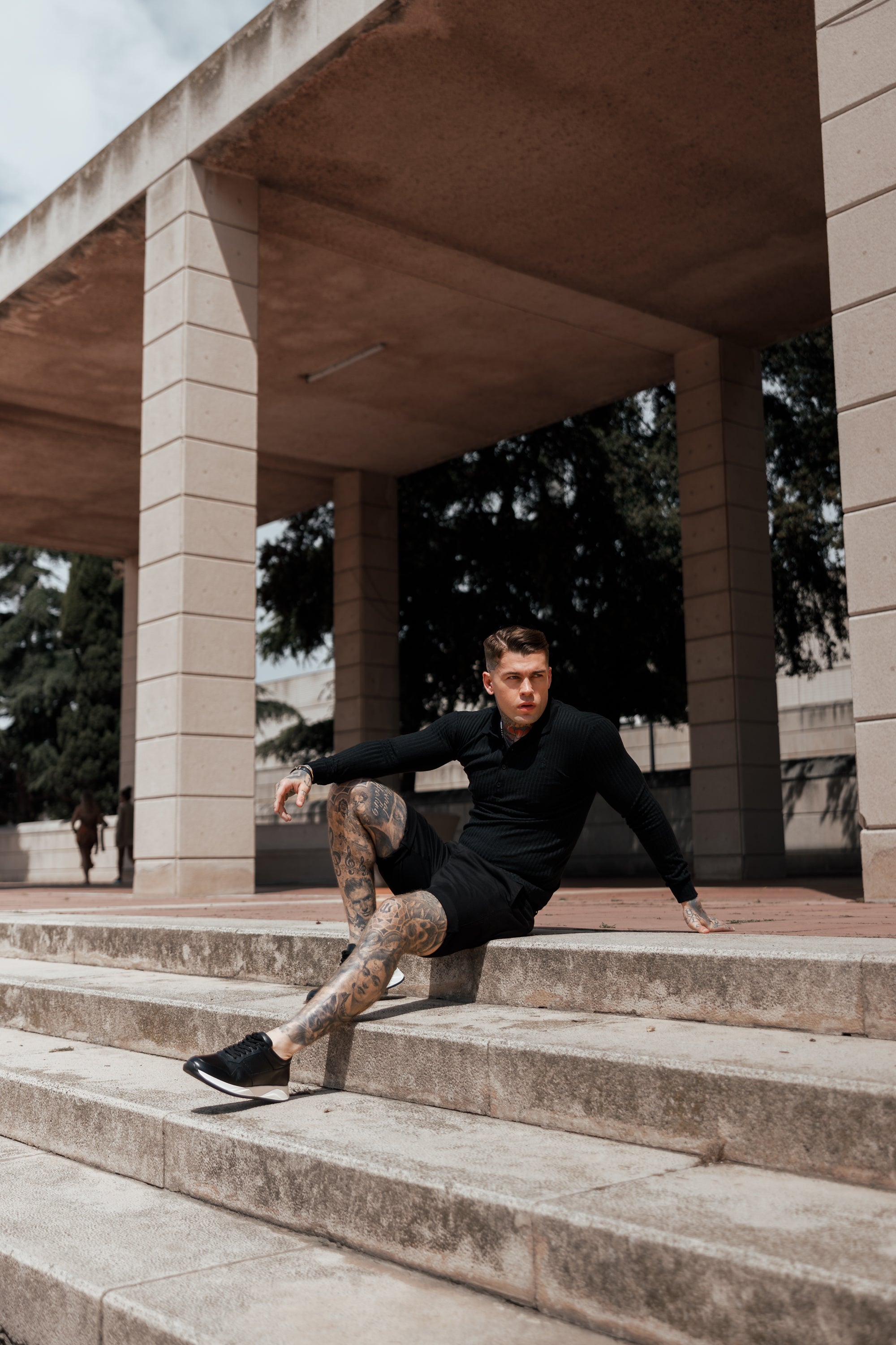 Super Slim Black Ribbed Polo Shirt Long Sleeve - FSH582