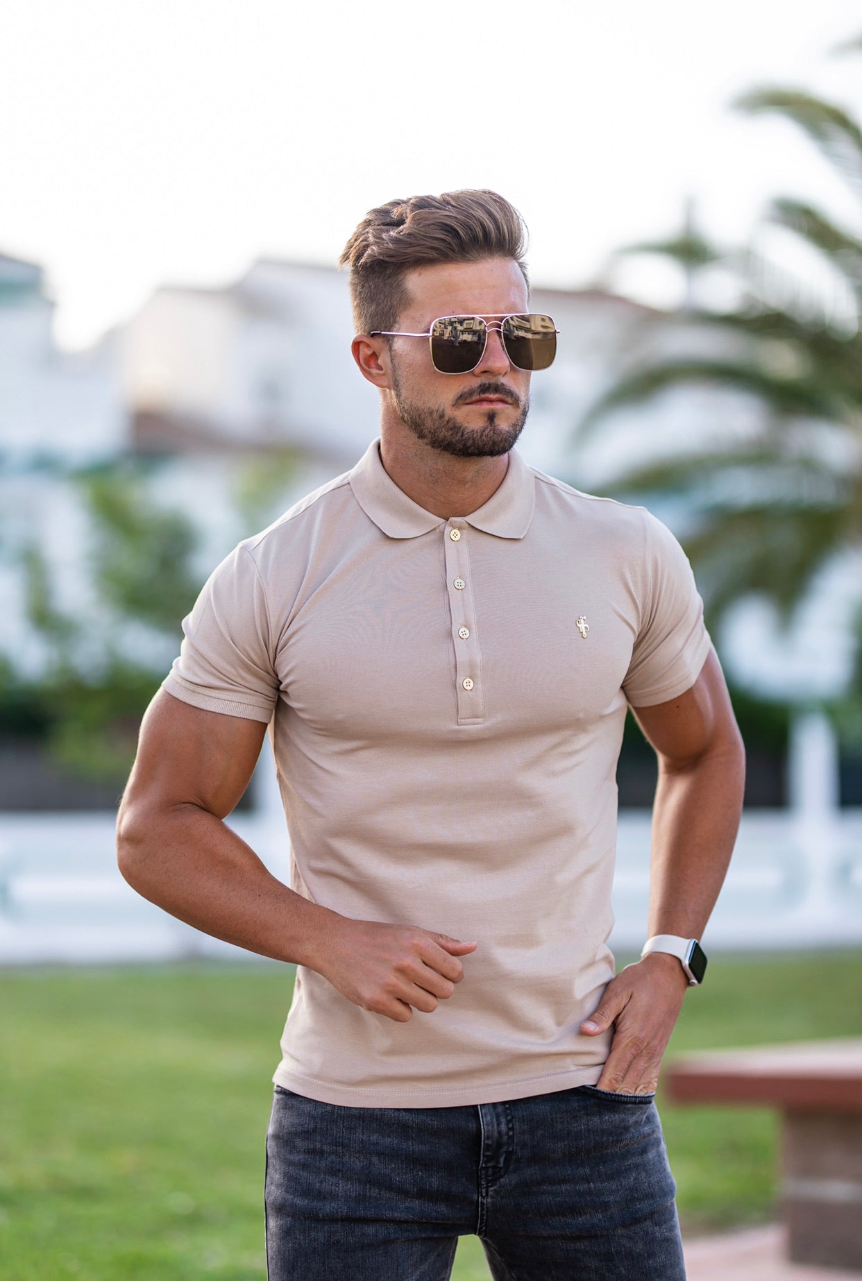 Classic Beige Polo Shirt with Gold Metal Emblem Decal & Buttons - FSH457