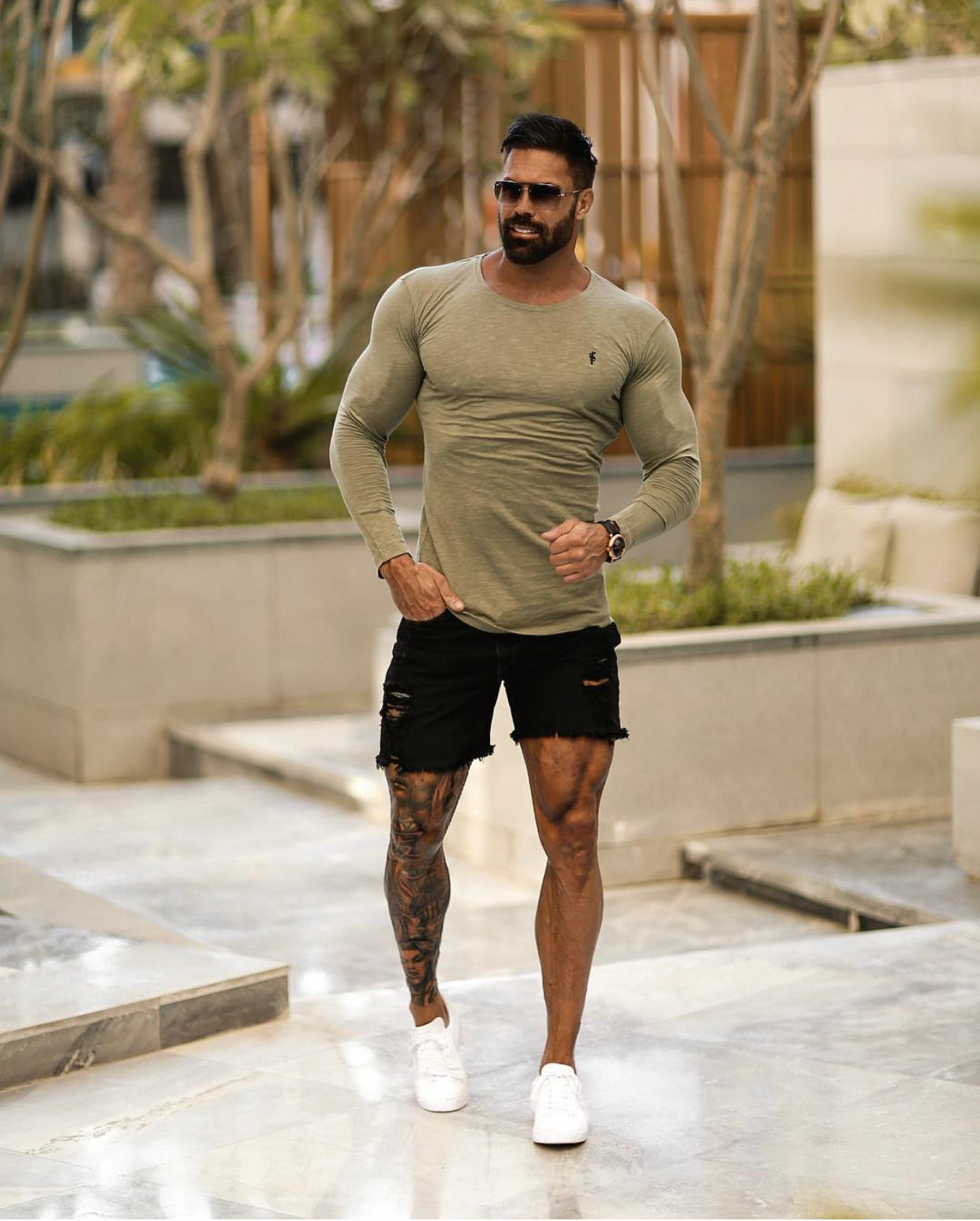 Khaki Slub Crew Long Sleeve With Cuff - FSH728