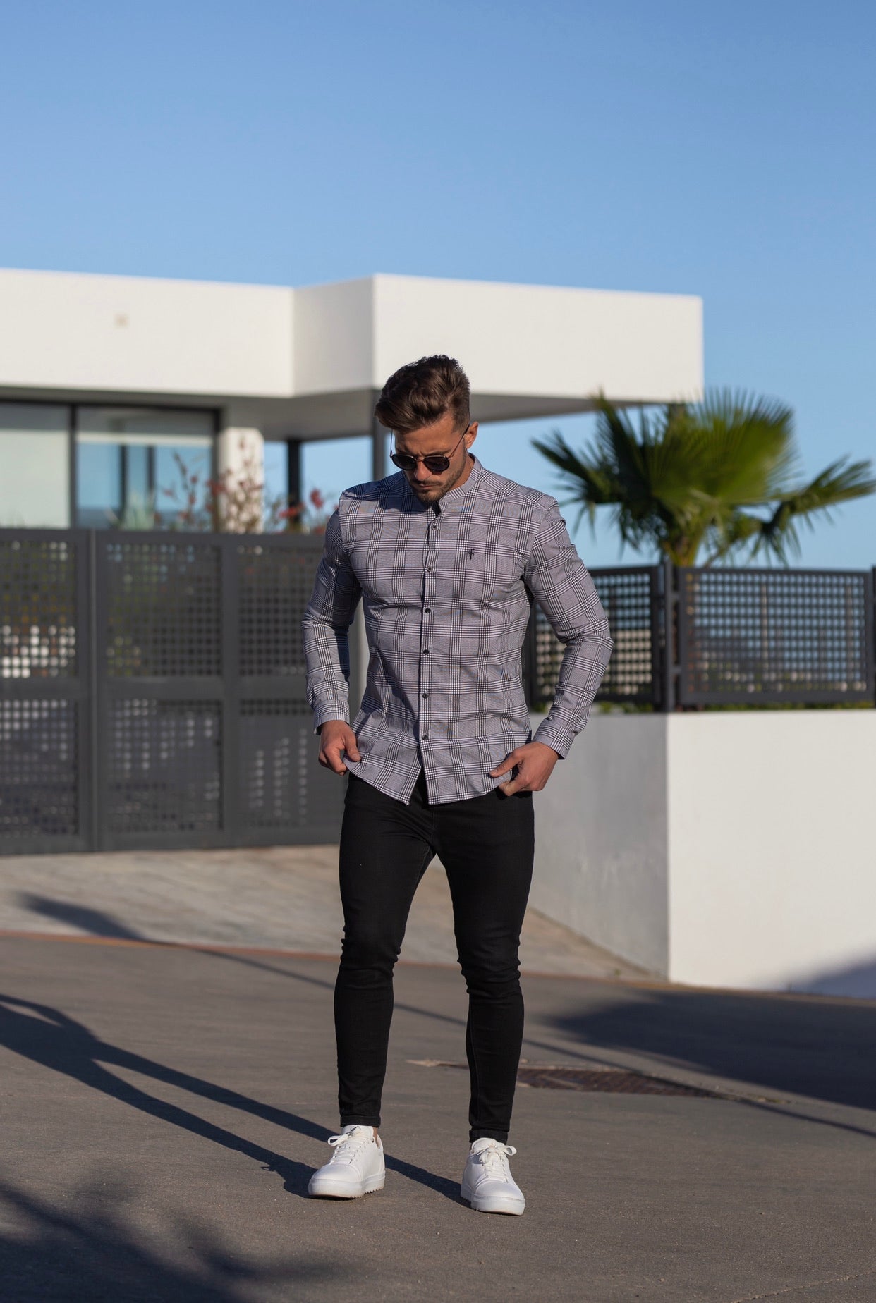 Super Slim Stretch Prince Of Wales White and Black Print Check Long Sleeve with Grandad Collar- FS746