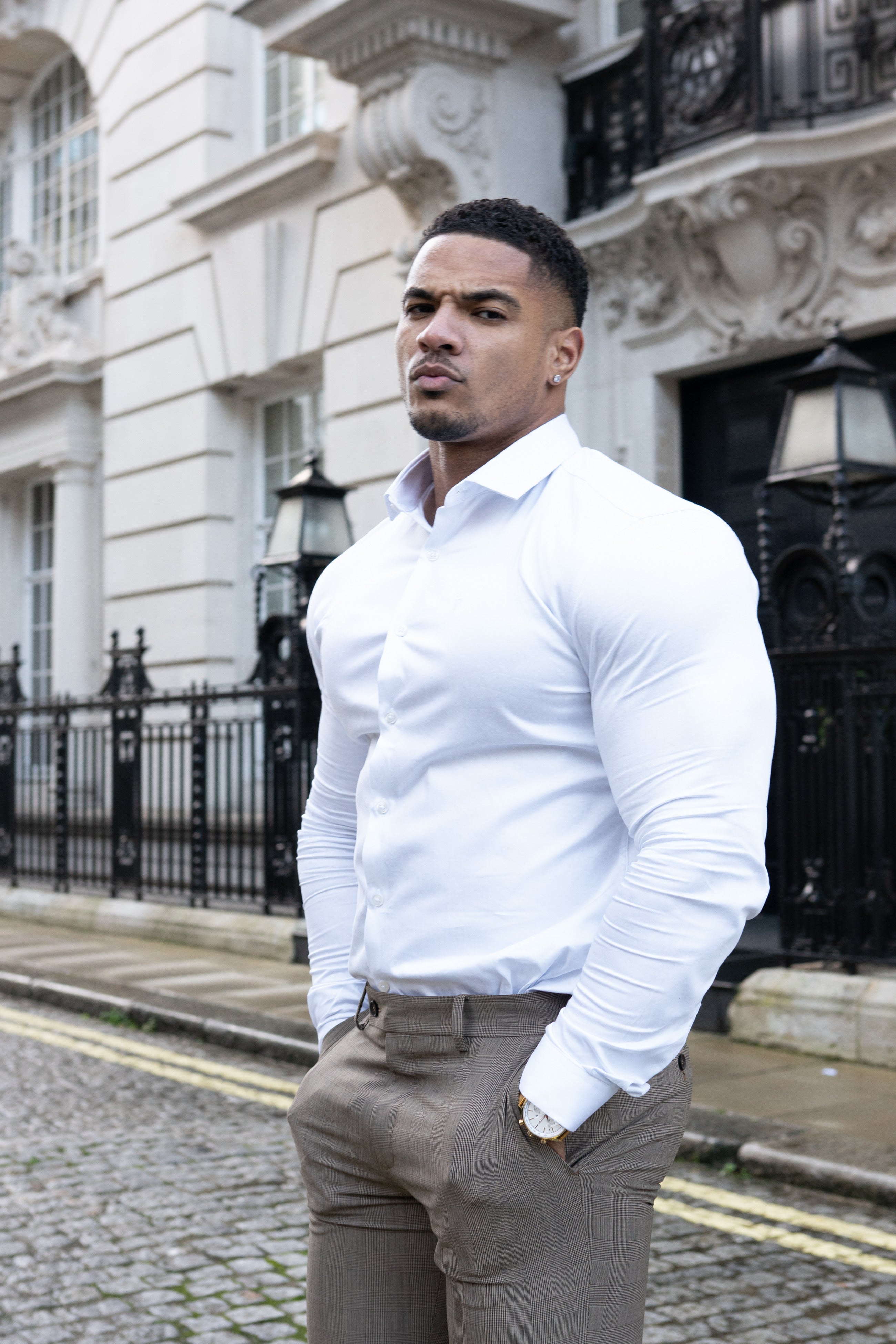 Slim Formal Beige & Black Check Stretch Trousers - FST002 (LAST CHANCE)