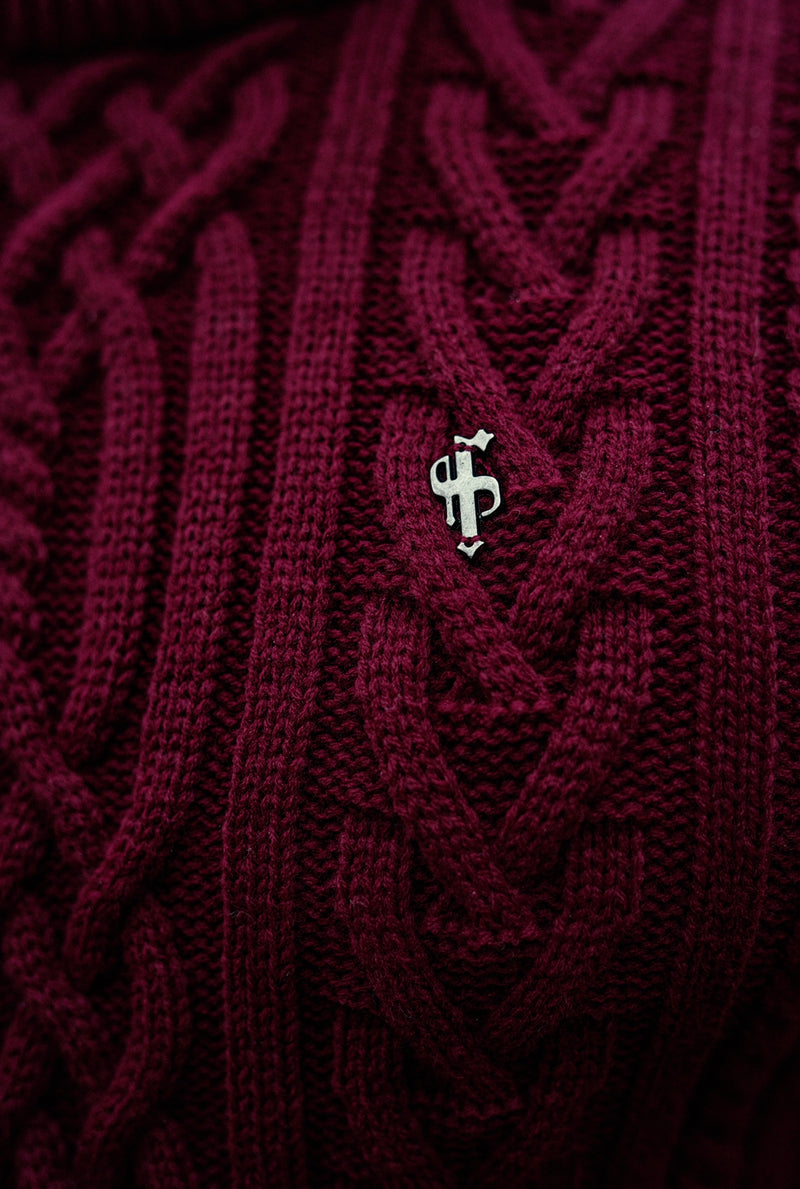 Father Sons Burgundy Twisted Braid Weave Super Slim Sweater With Gunmetal Decal - FSJ043