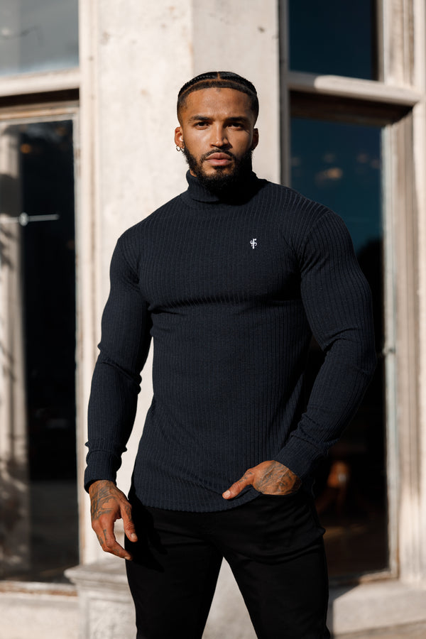 Father Sons Classic Navy Ribbed Knit Roll neck Sweater - FSH778