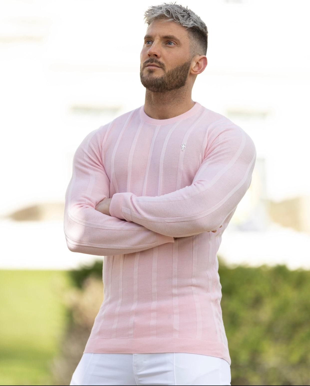 Classic Long Sleeve Baby Pink Knitted Wide Rib Crew with Silver Emblem - FSH736