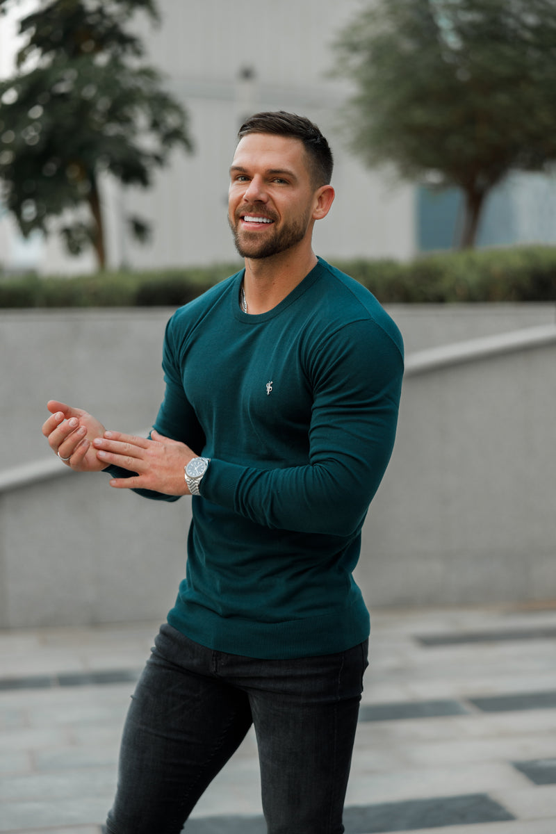 Father Sons Classic Forest Green Light Weight Knitted Crew Neck Sweater with Metal Decal - FSN095