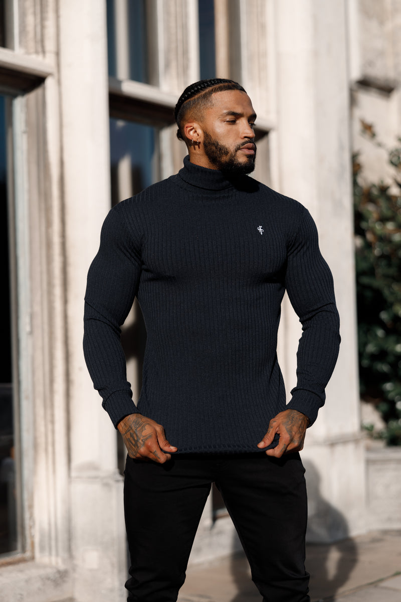 Father Sons Classic Navy Ribbed Knit Roll neck Sweater - FSH778