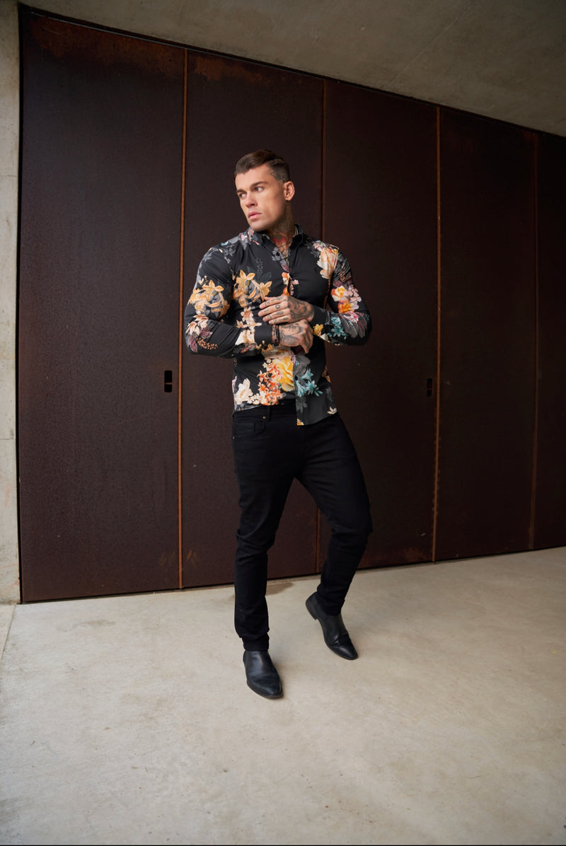 Father Sons Super Slim Stretch Black Mixed Lily Floral Print Long Sleeve with Button Down Collar - FS854