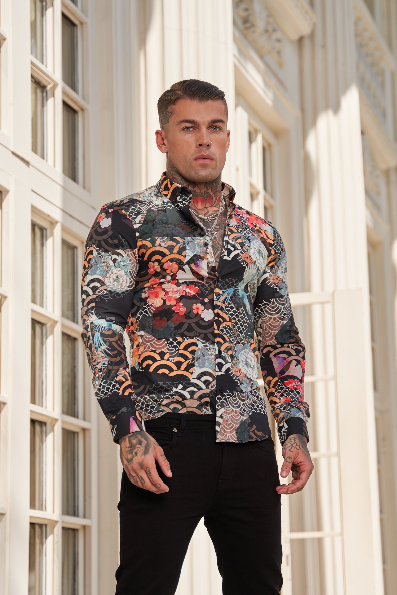 Super Slim Stretch Multi Oriental Print Long Sleeve with Button Down Collar - FS771