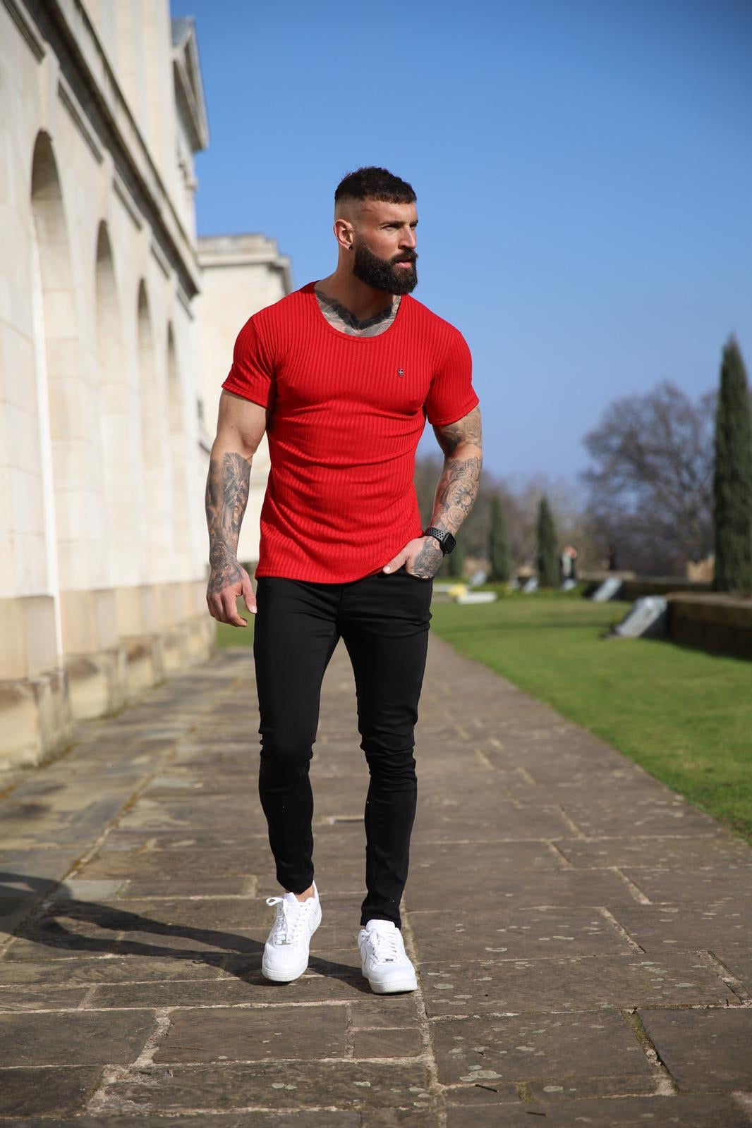 Classic Red Ribbed Knit Super Slim Short Sleeve Crew With Black Decal - FSH614