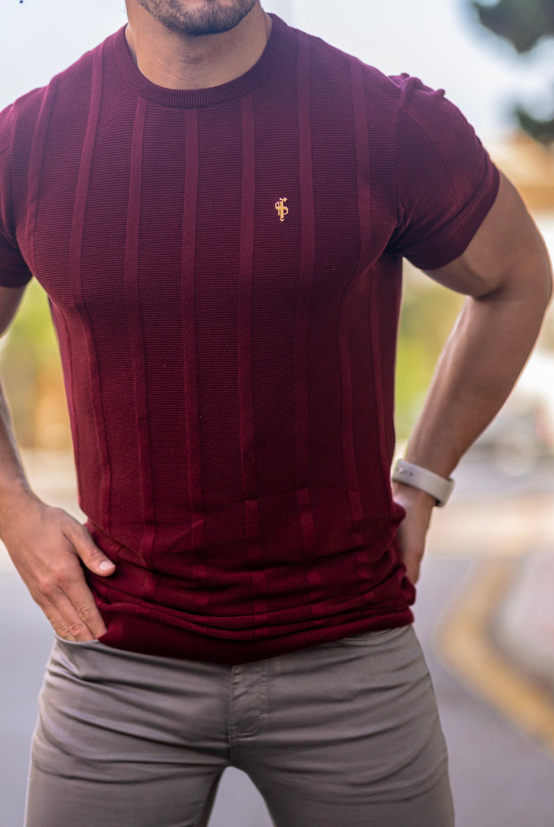 Father Sons Classic Short Sleeve Burgundy Knitted Wide Rib Crew with Gold Emblem - FSH563