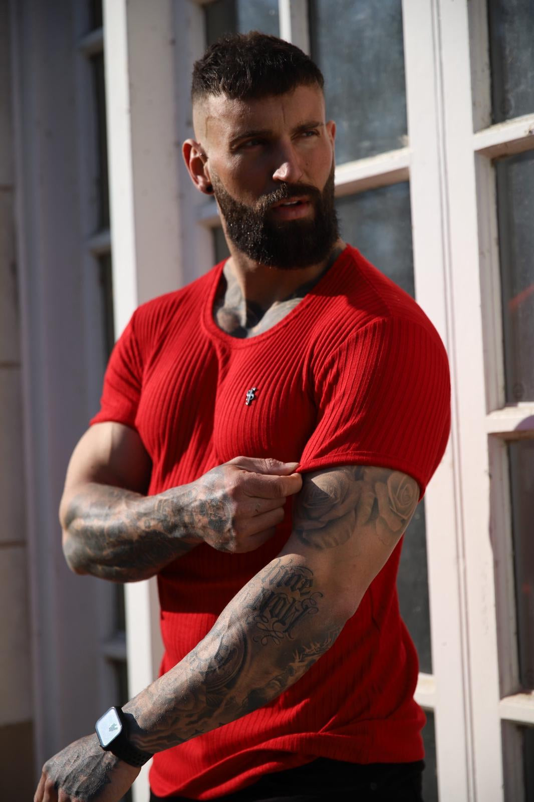 Classic Red Ribbed Knit Super Slim Short Sleeve Crew With Black Decal - FSH614