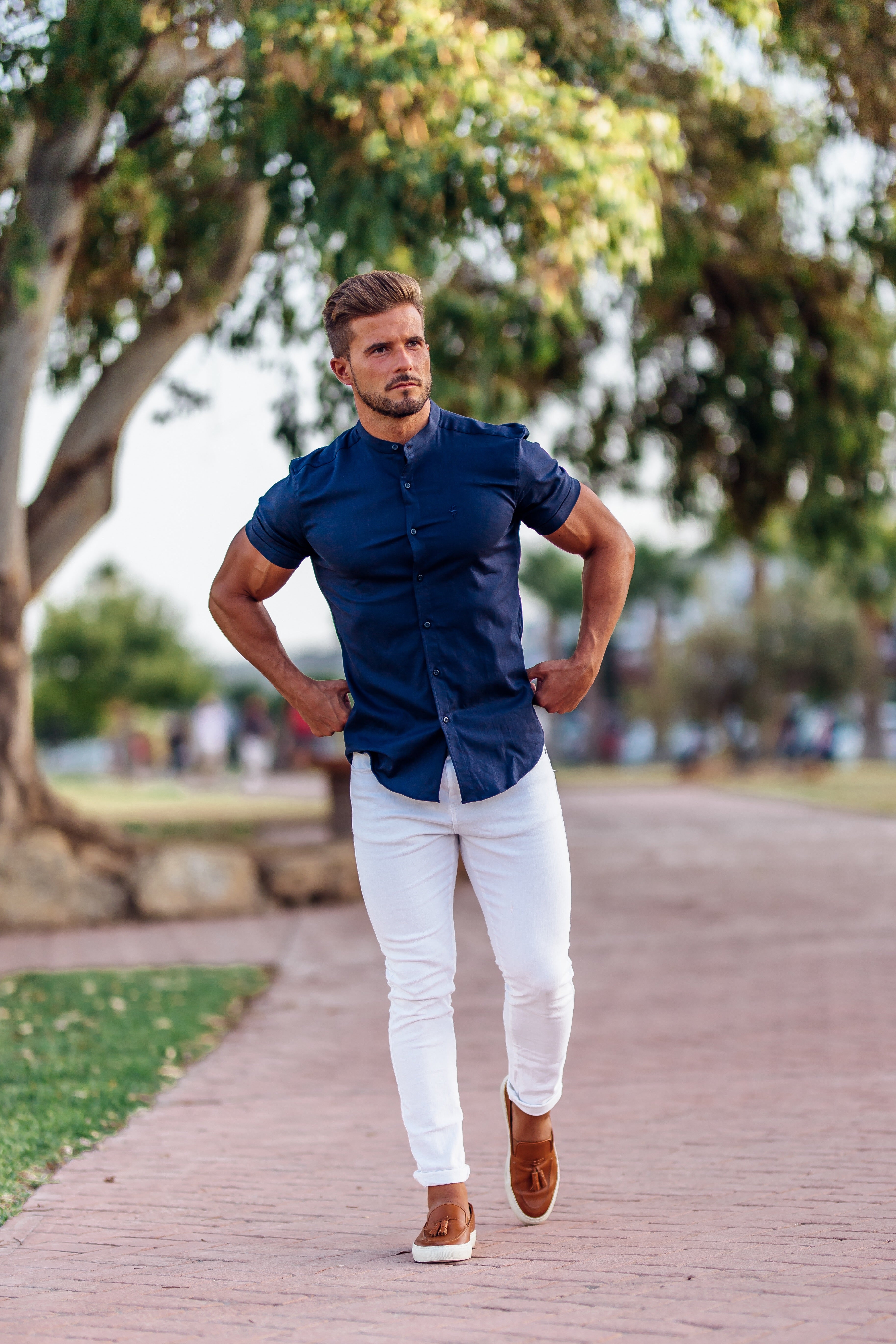 Super Slim Stretch Grandad Collar Short Sleeve Classic Navy Oxford - FS584