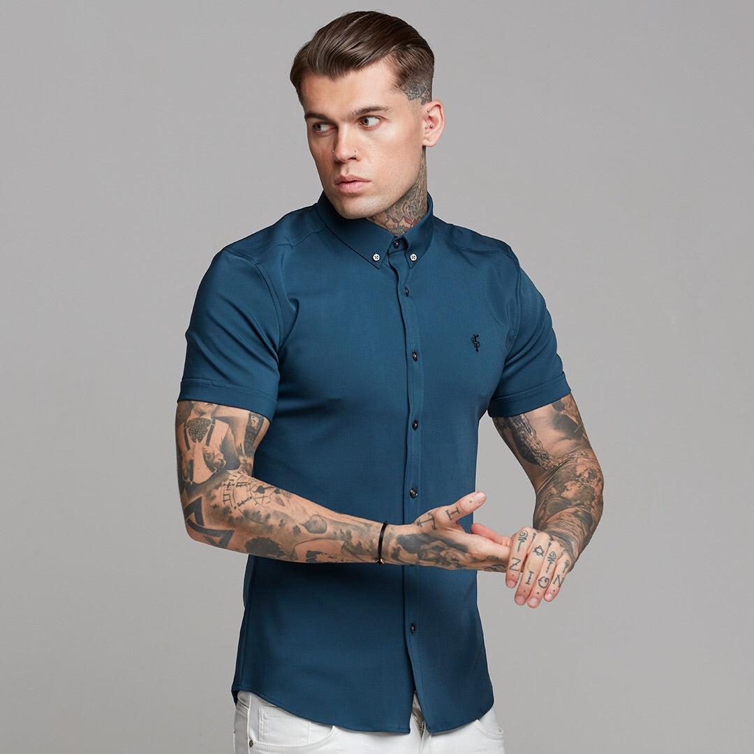 Super Slim Ultra Stretch Classic Teal Short Sleeve (Charcoal Buttons) -  FS485